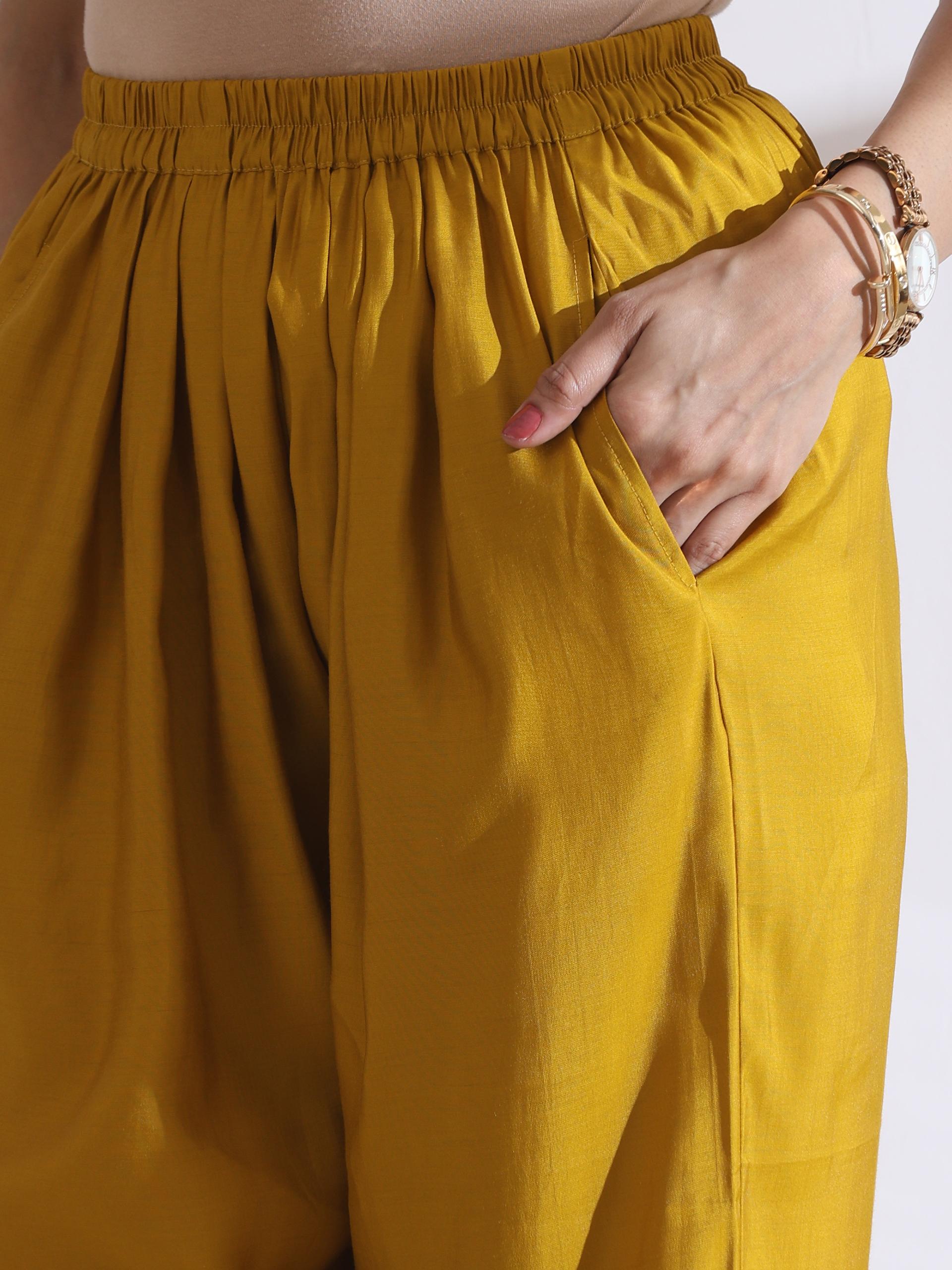Women's Mehndi Green Halter Kurta with Bronze Beads and Mustard Palazzo 2 Piece Set | Straight Fit, Halter Neck, Sleeveless, Partywear, Casual (AirSkin Cotton Silk Blend)