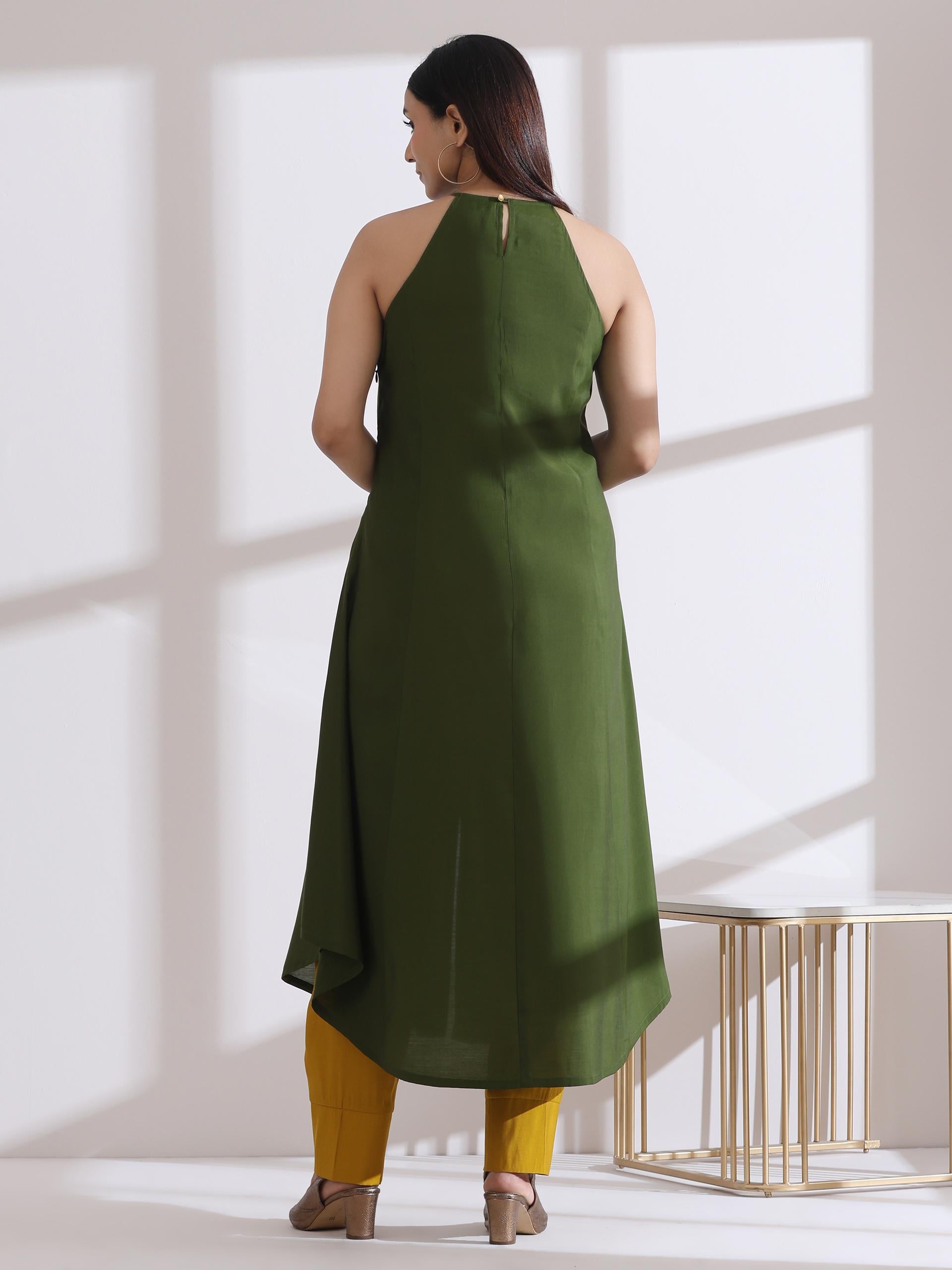 Women's Mehndi Green Halter Kurta with Bronze Beads and Mustard Palazzo 2 Piece Set | Straight Fit, Halter Neck, Sleeveless, Partywear, Casual (AirSkin Cotton Silk Blend)