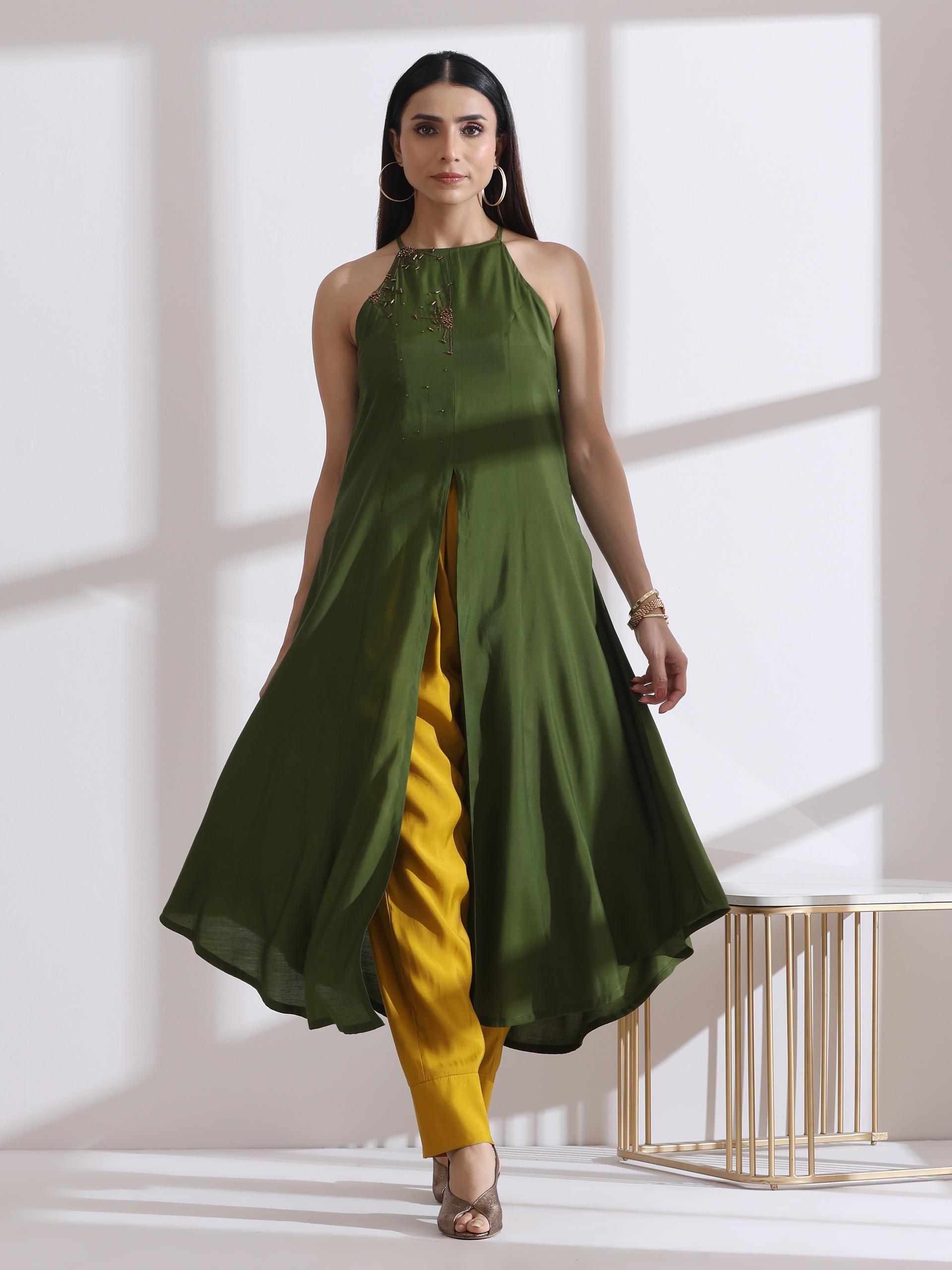 Women's Mehndi Green Halter Kurta with Bronze Beads and Mustard Palazzo 2 Piece Set | Straight Fit, Halter Neck, Sleeveless, Partywear, Casual (AirSkin Cotton Silk Blend)