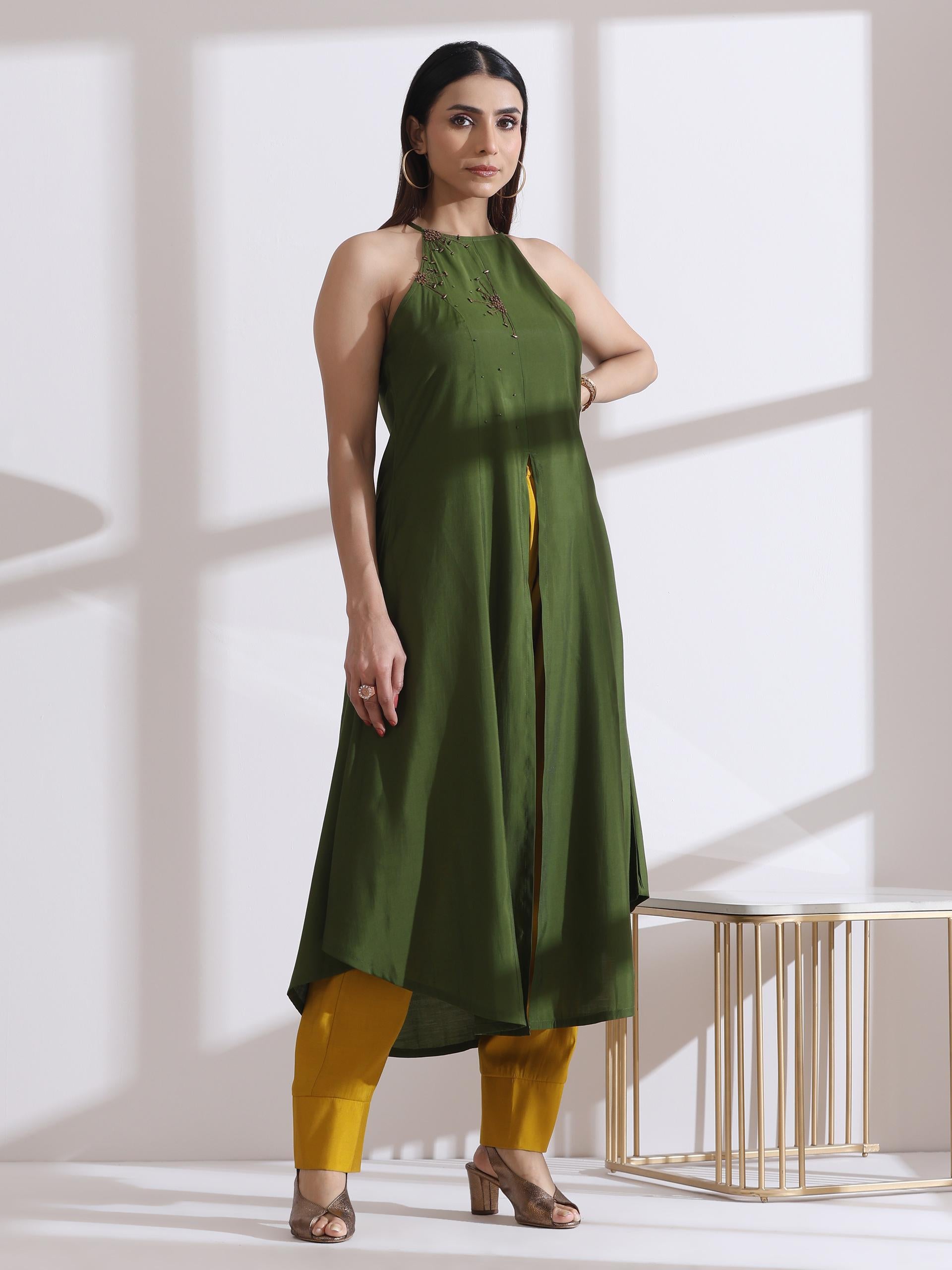 Women's Mehndi Green Halter Kurta with Bronze Beads and Mustard Palazzo 2 Piece Set | Straight Fit, Halter Neck, Sleeveless, Partywear, Casual (AirSkin Cotton Silk Blend)