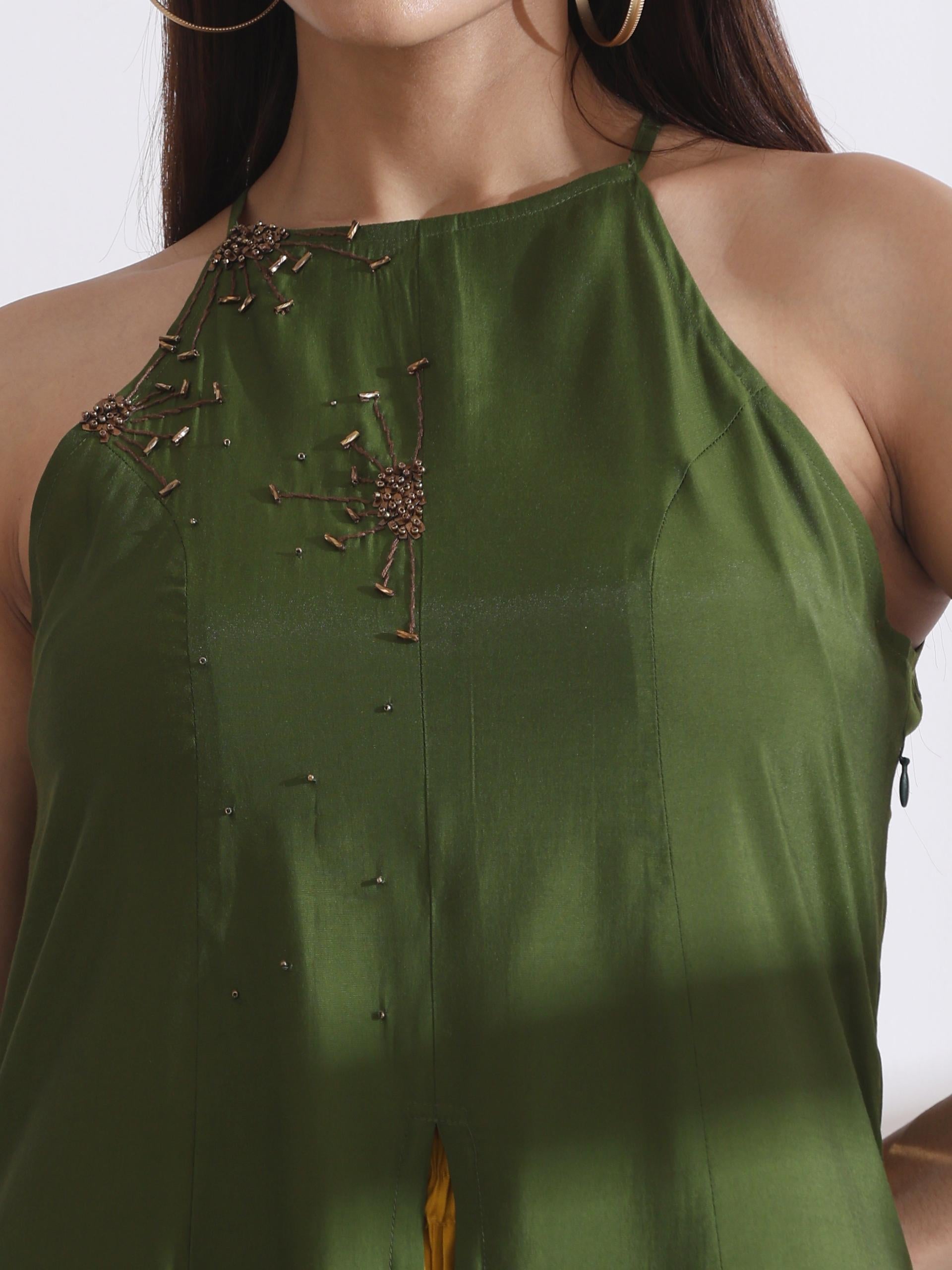 Women's Mehndi Green Halter Kurta with Bronze Beads and Mustard Palazzo 2 Piece Set | Straight Fit, Halter Neck, Sleeveless, Partywear, Casual (AirSkin Cotton Silk Blend)