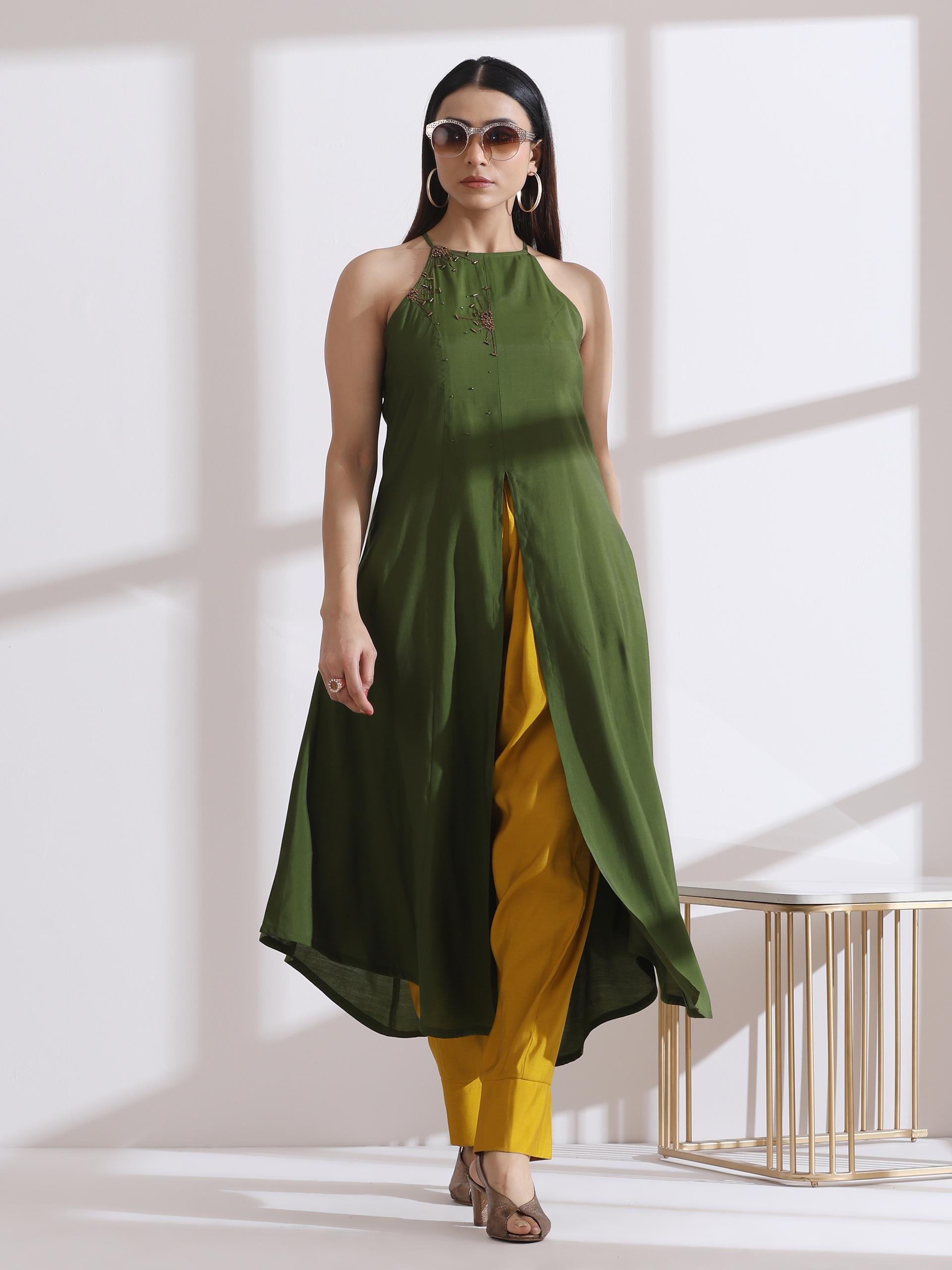 Women's Mehndi Green Halter Kurta with Bronze Beads and Mustard Palazzo 2 Piece Set | Straight Fit, Halter Neck, Sleeveless, Partywear, Casual (AirSkin Cotton Silk Blend)
