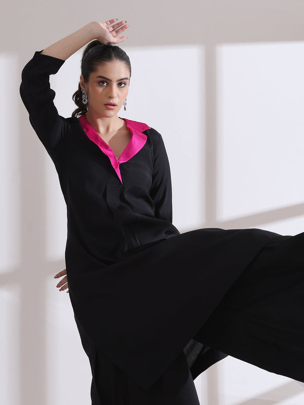 Women's Black and Fuchsia Kurta with Gold Point Collar 1 Pc | Straight Fit, Collar Neck, 3/4 Sleeves, Workwear Wear, (AirSkin Cotton Silk Blend)