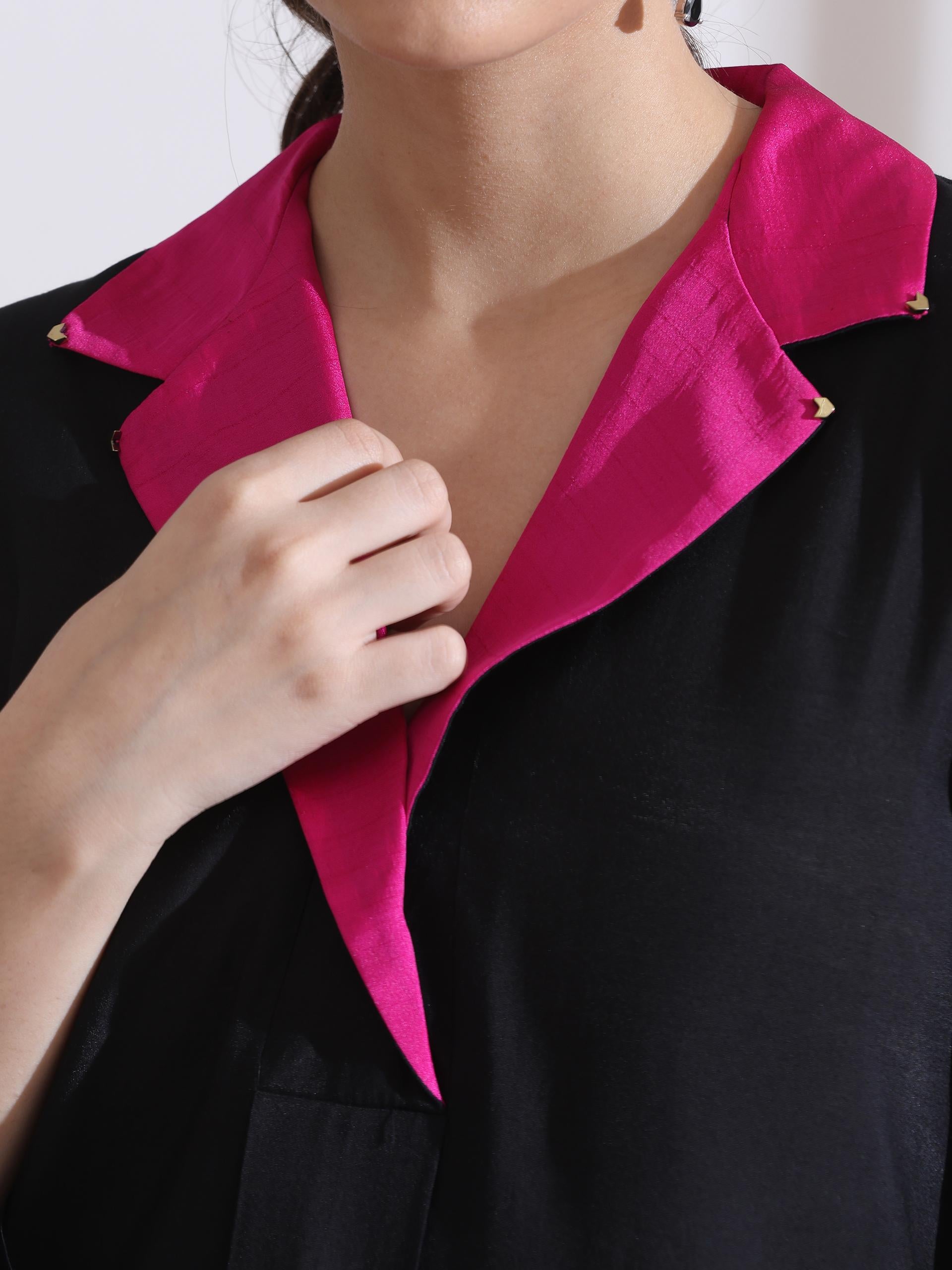 Women's Black Kurta with Fuchsia Gold Point Collar and Palazzo 2 Piece Set | Straight Fit, V Neck, 3/4 Sleeves, Work Wear, (AirSkin Cotton Silk Blend)