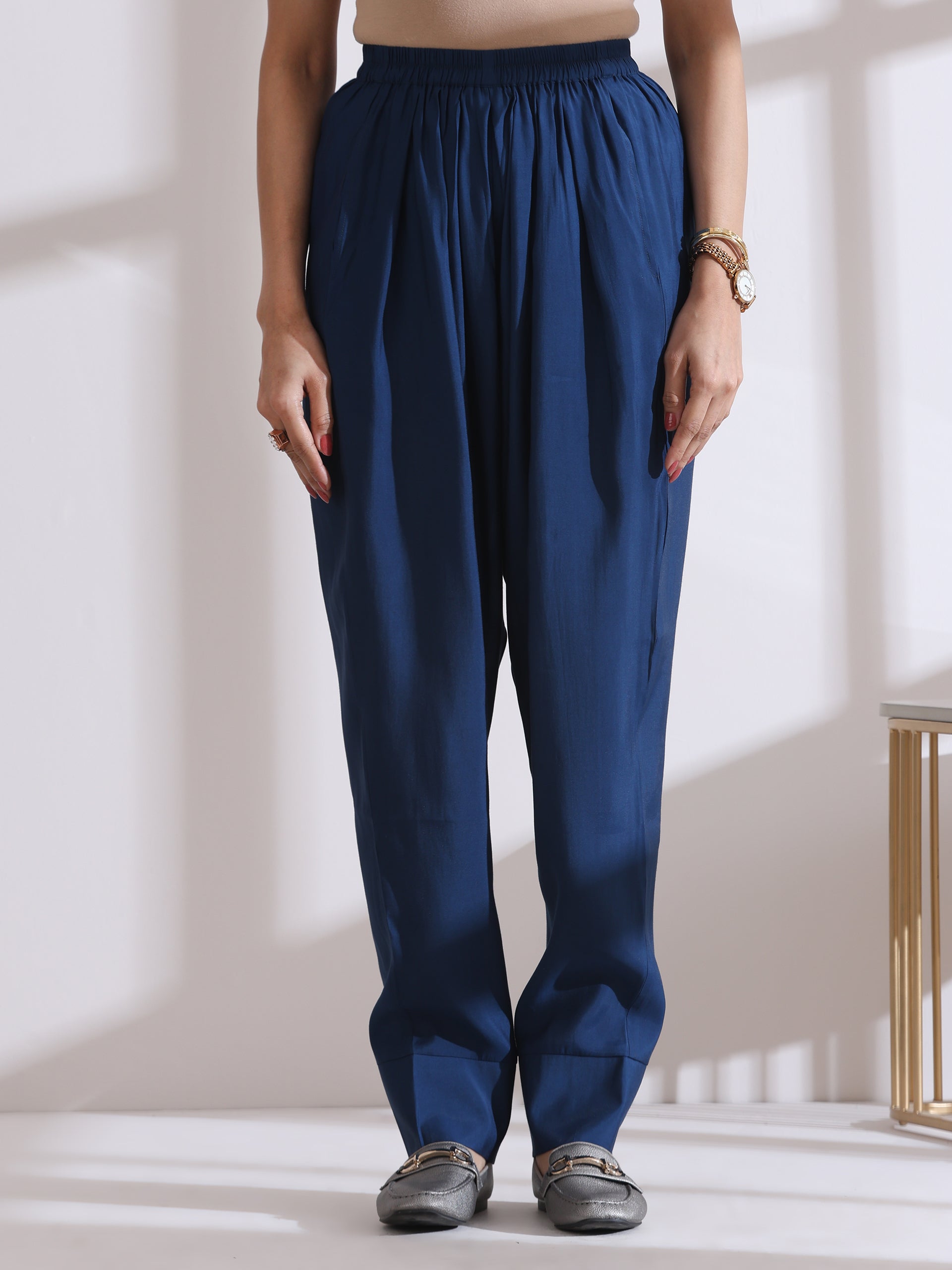 Women's Navy Blue Kurta Set with Hand Embroidery & Pants