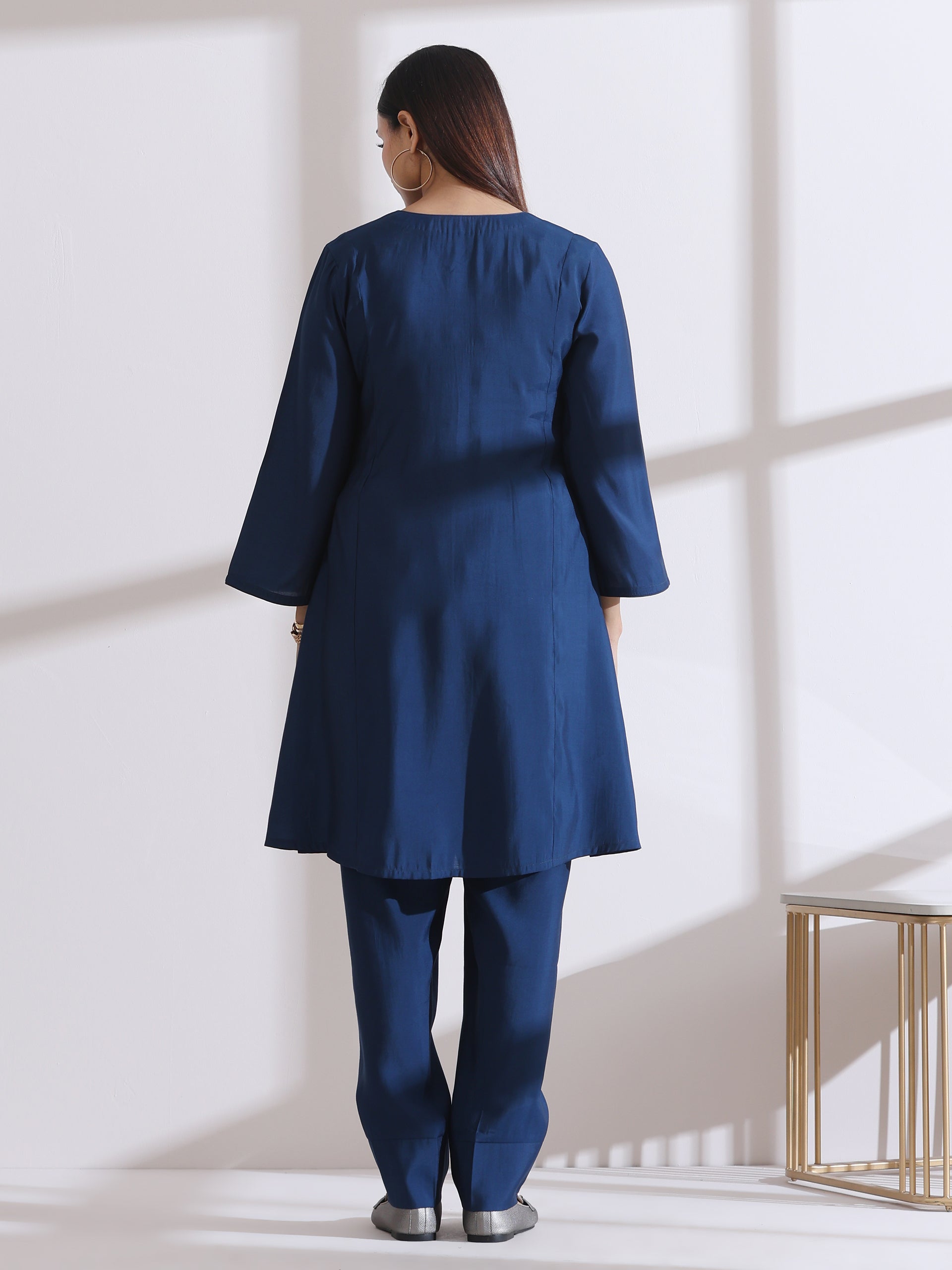 Women's Navy Blue Kurta Set with Hand Embroidery & Pants
