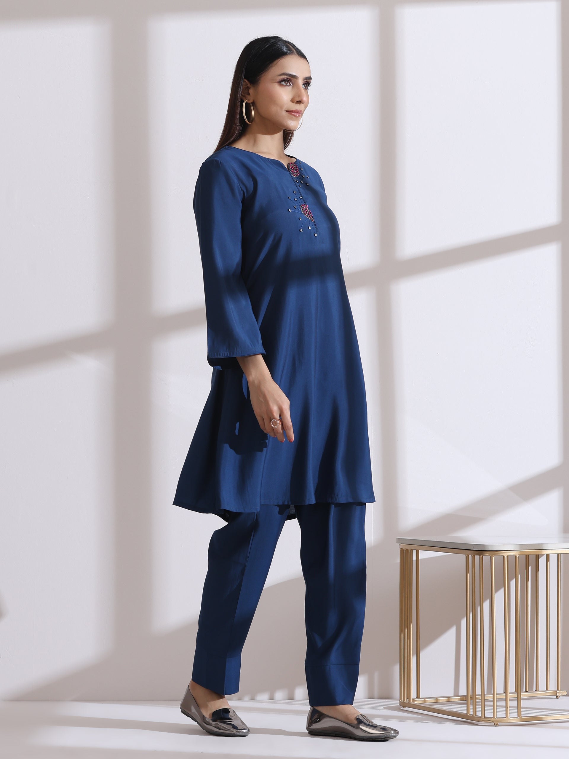 Women's Navy Blue Kurta Set with Hand Embroidery & Pants