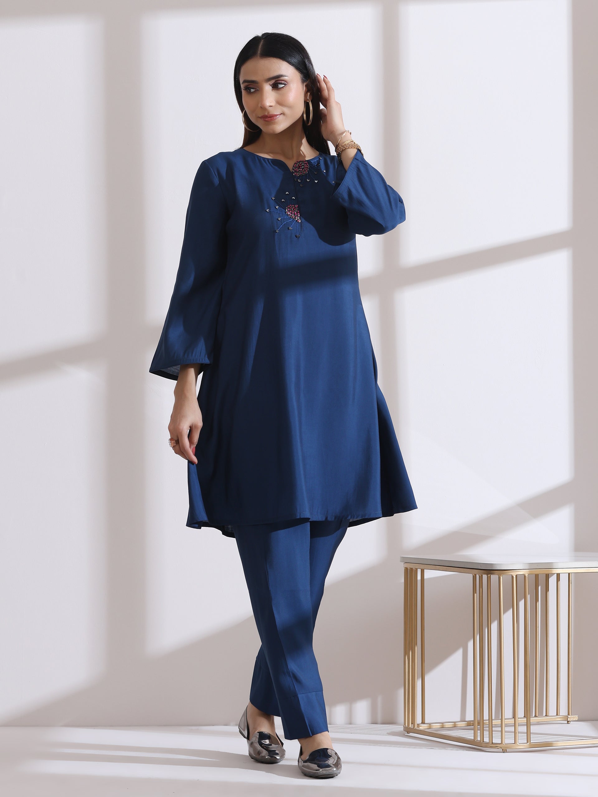 Women's Navy Blue Kurta Set with Hand Embroidery & Pants
