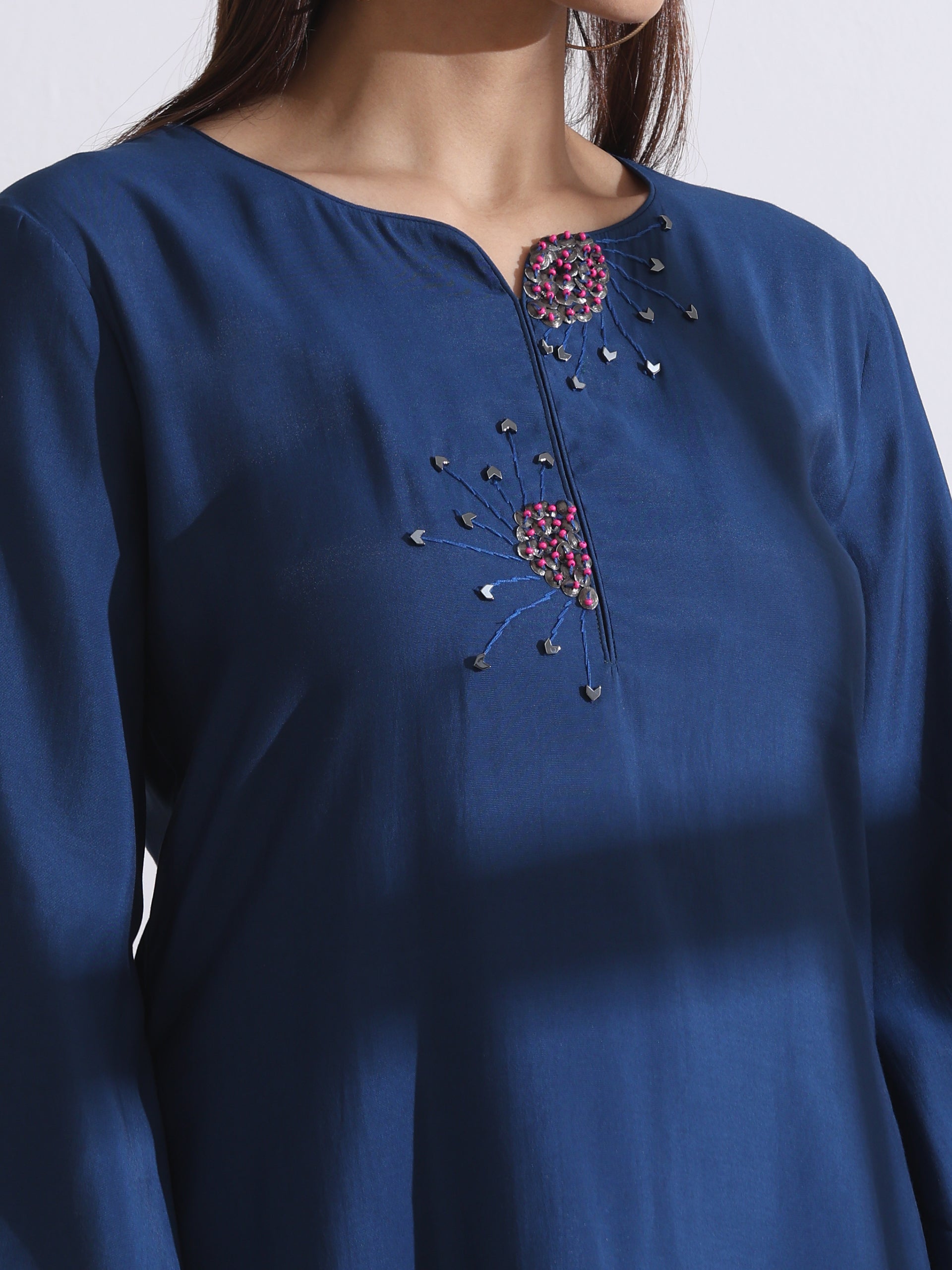 Women's Navy Blue Kurta Set with Hand Embroidery & Pants