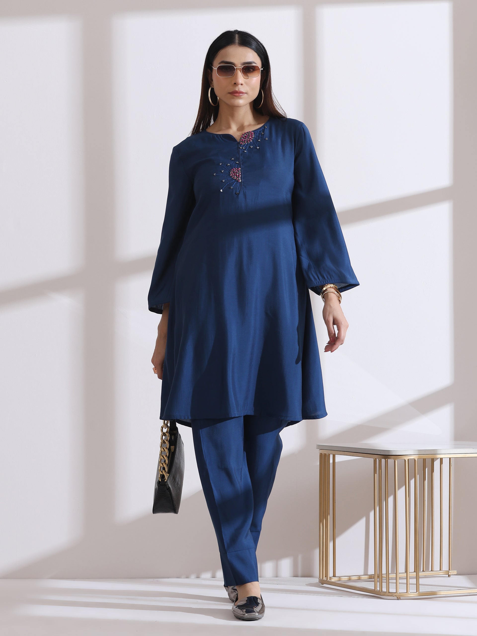 Women's Navy Blue Kurta Set with Hand Embroidery & Pants
