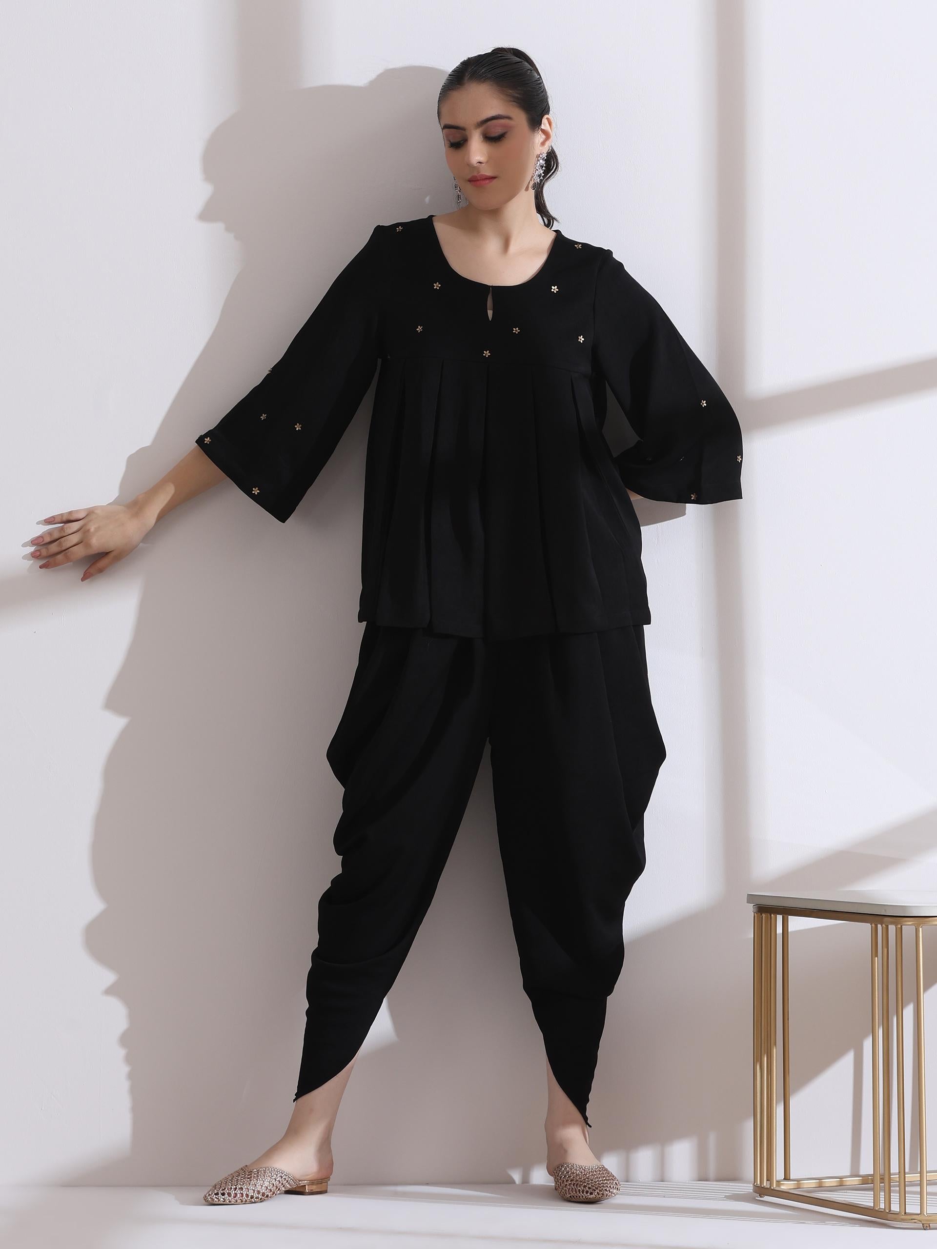Women's Pleated Black Korean Peplum Top with Beads and Dhoti Pants 2 Piece Set | Peplum, Round Neck, 3/4 sleeves, Festive Wear, (Lux Fabric)