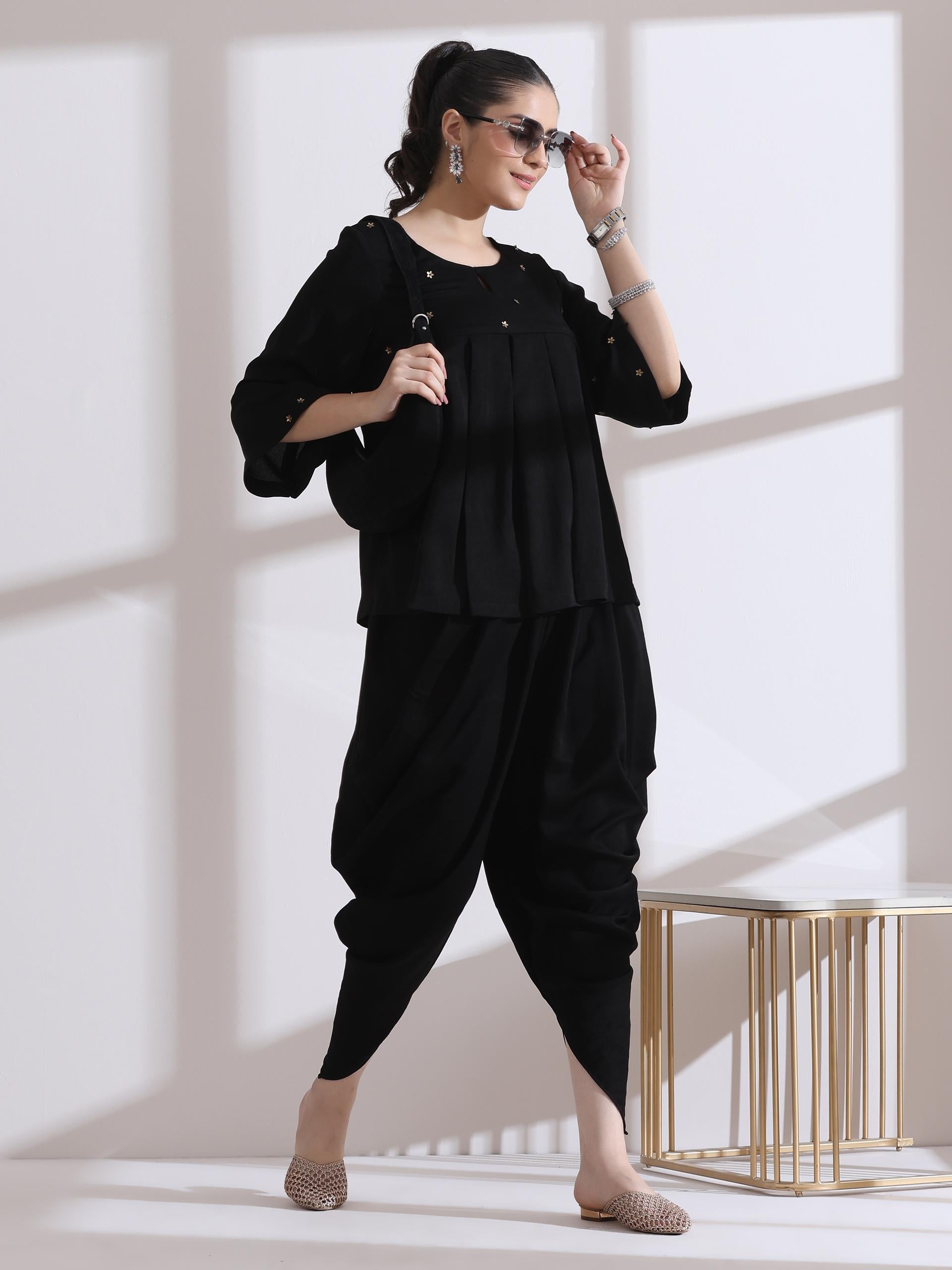 Women's Pleated Black Korean Peplum Top with Beads and Dhoti Pants 2 Piece Set | Peplum, Round Neck, 3/4 sleeves, Festive Wear, (Lux Fabric)