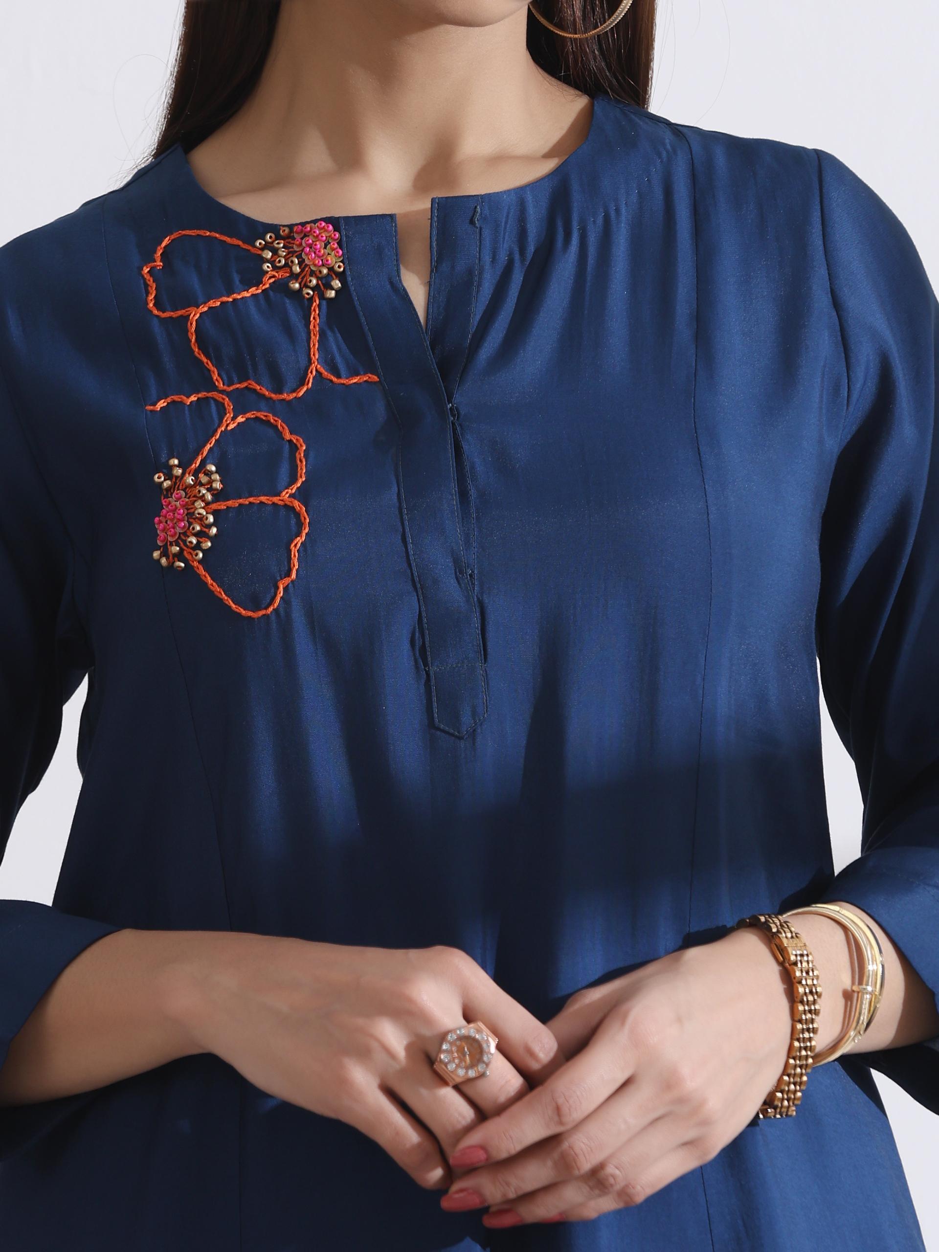 Women's Navy Blue Handmade Flower Kurta with Pants 2 Piece Set | A-Line, Round Neck, 3/4 Sleeves, Work Wear, (AirSkin Cotton Silk Blend)