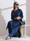 Women's Navy Blue Handmade Flower Kurta with Pants 2 Piece Set | A-Line, Round Neck, 3/4 Sleeves, Work Wear, (AirSkin Cotton Silk Blend)