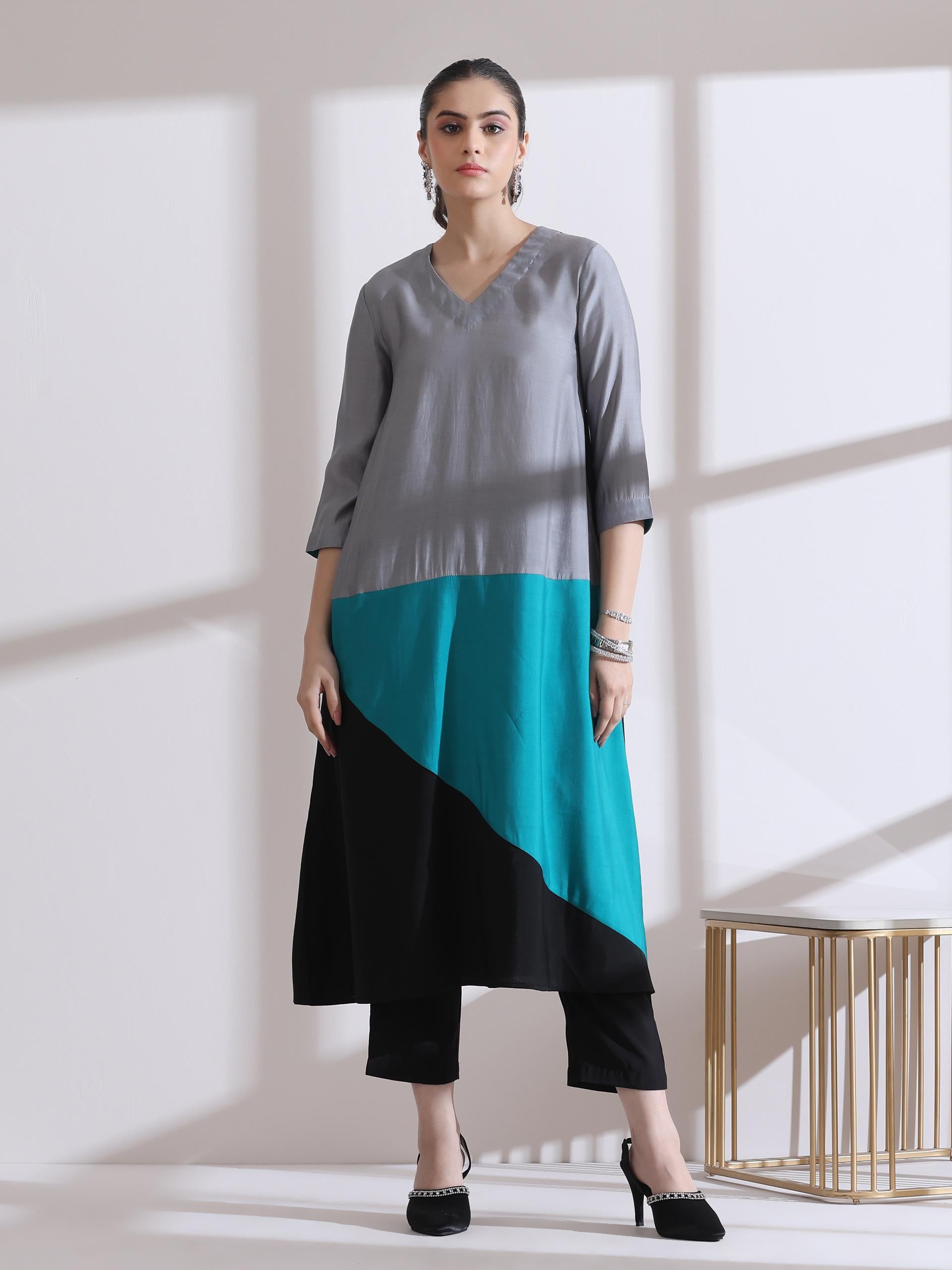 Women's Black and Blue Triangle Kurta with Pants 2 Piece Set | Straight Fit, V Neck, 3/4 Sleeves, Workwear, (AirSkin Cotton Silk Blend)