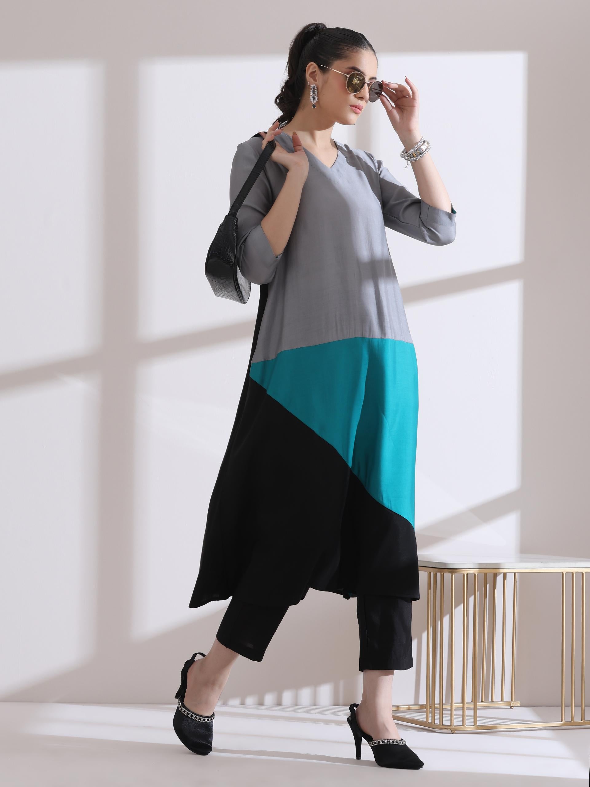 Women's Black and Blue Triangle Kurta with Pants 2 Piece Set | Straight Fit, V Neck, 3/4 Sleeves, Workwear, (AirSkin Cotton Silk Blend)