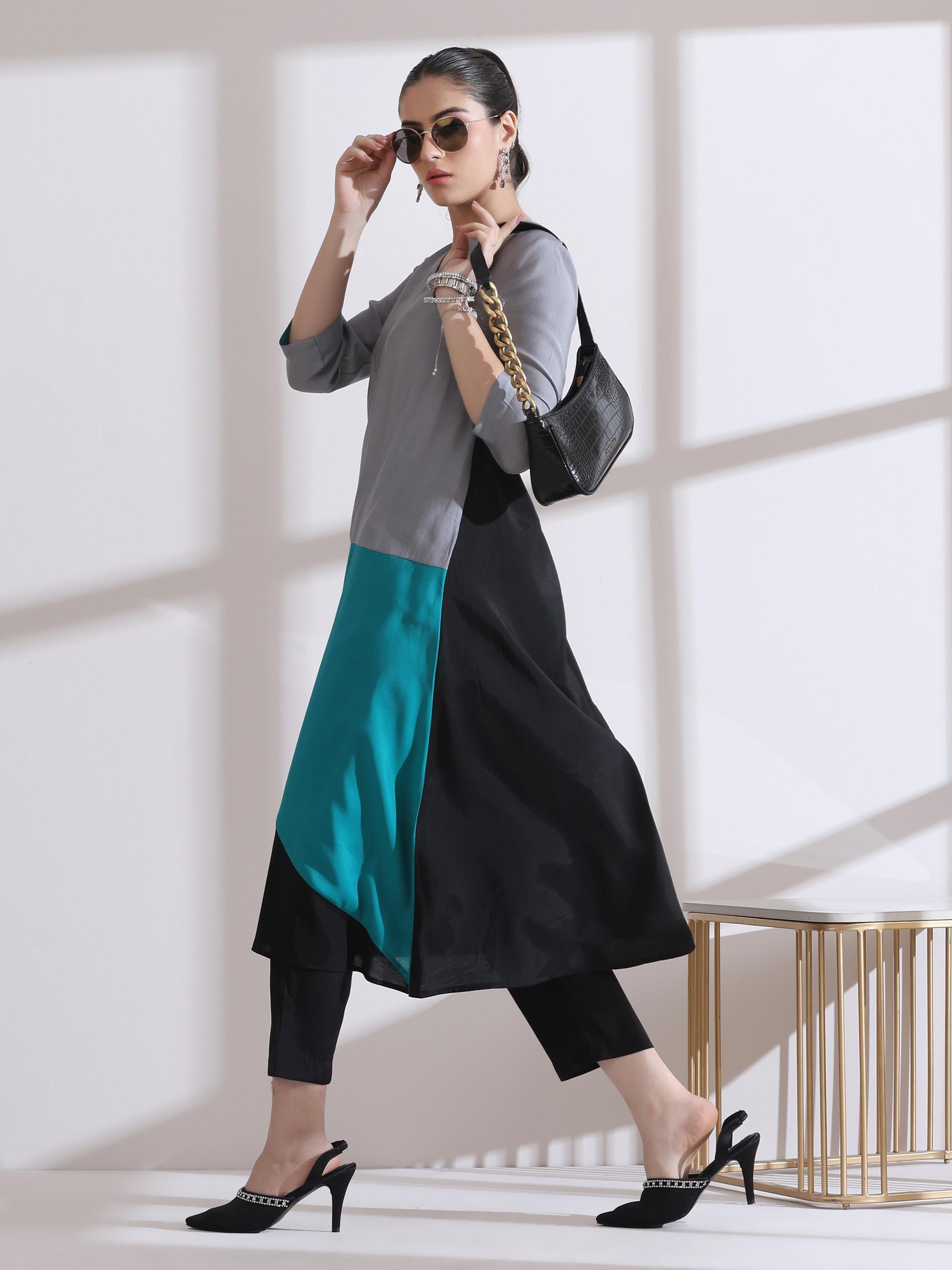 Women's Black and Blue Triangle Kurta 1 Pc | Straight Fit, V Neck, 3/4 Sleeves, Workwear, (AirSkin Cotton Silk Blend)