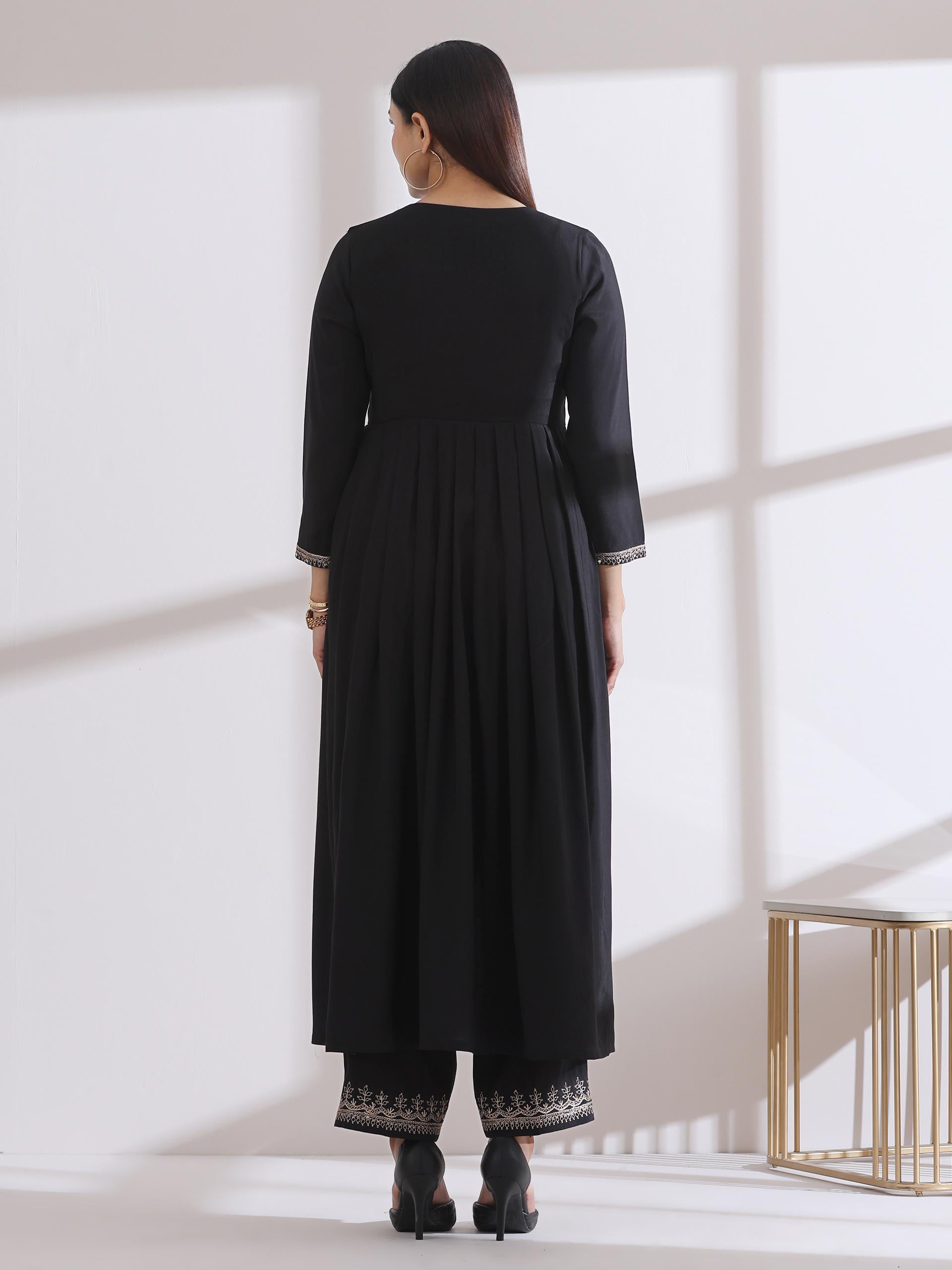 Women's Black Kurta with Embroidery on Sleeve and Pants 2 Piece Set | A-Line, Anarkali, V Neck, 3/4 Sleeves, Work Wear, (AirSkin Cotton Silk Blend)