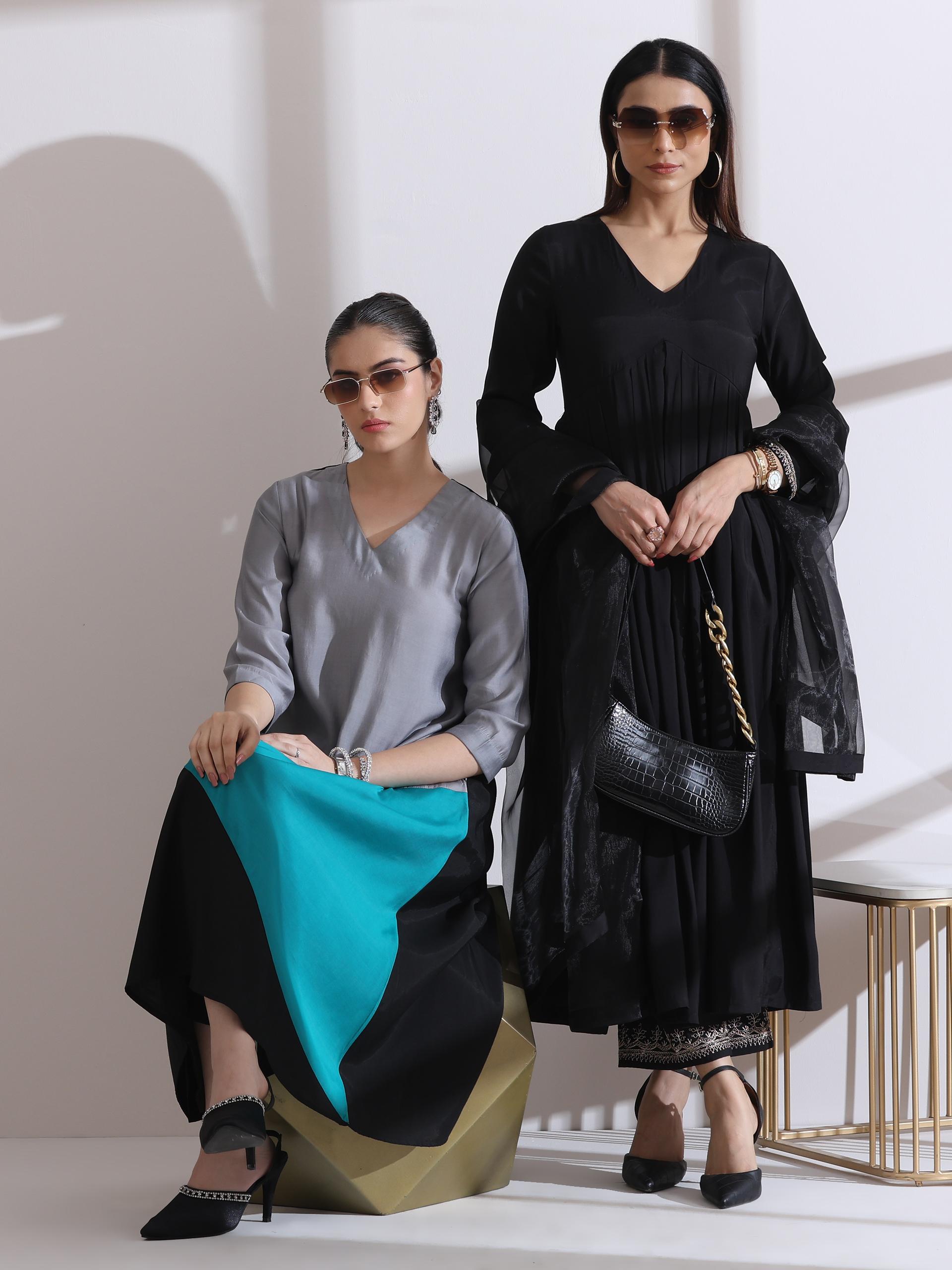 Women's Black and Blue Triangle Kurta 1 Pc | Straight Fit, V Neck, 3/4 Sleeves, Workwear, (AirSkin Cotton Silk Blend)