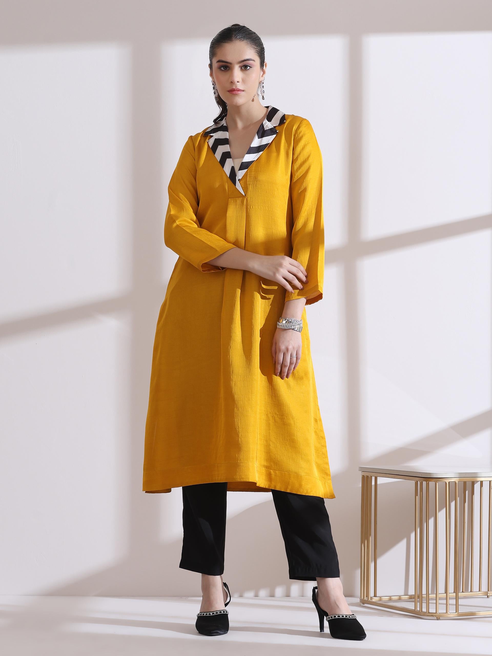 Women's Mustard Kurta with Striped Collar 1 Piece | Straight Fit, Collar Neck, 3/4 Sleeves, Workwear, (PRF'T Lux Duchess Satin Texture)
