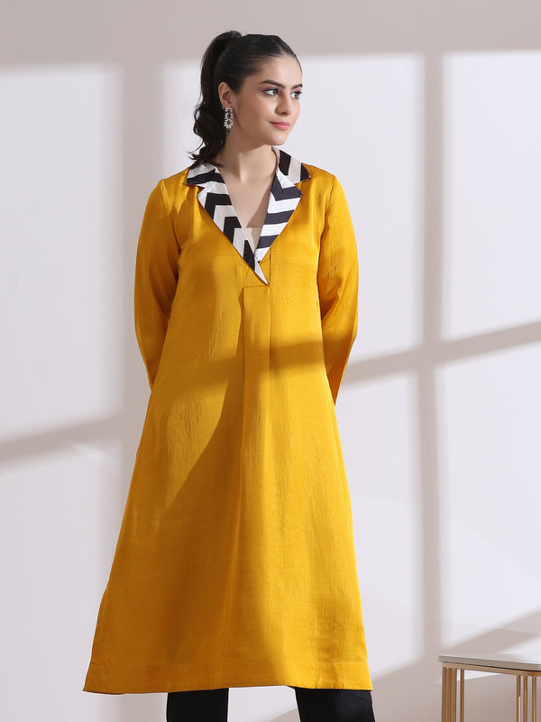 Women's Mustard Kurta with Striped Collar 1 Piece | Straight Fit, Collar Neck, 3/4 Sleeves, Workwear, (PRF'T Lux Duchess Satin Texture)