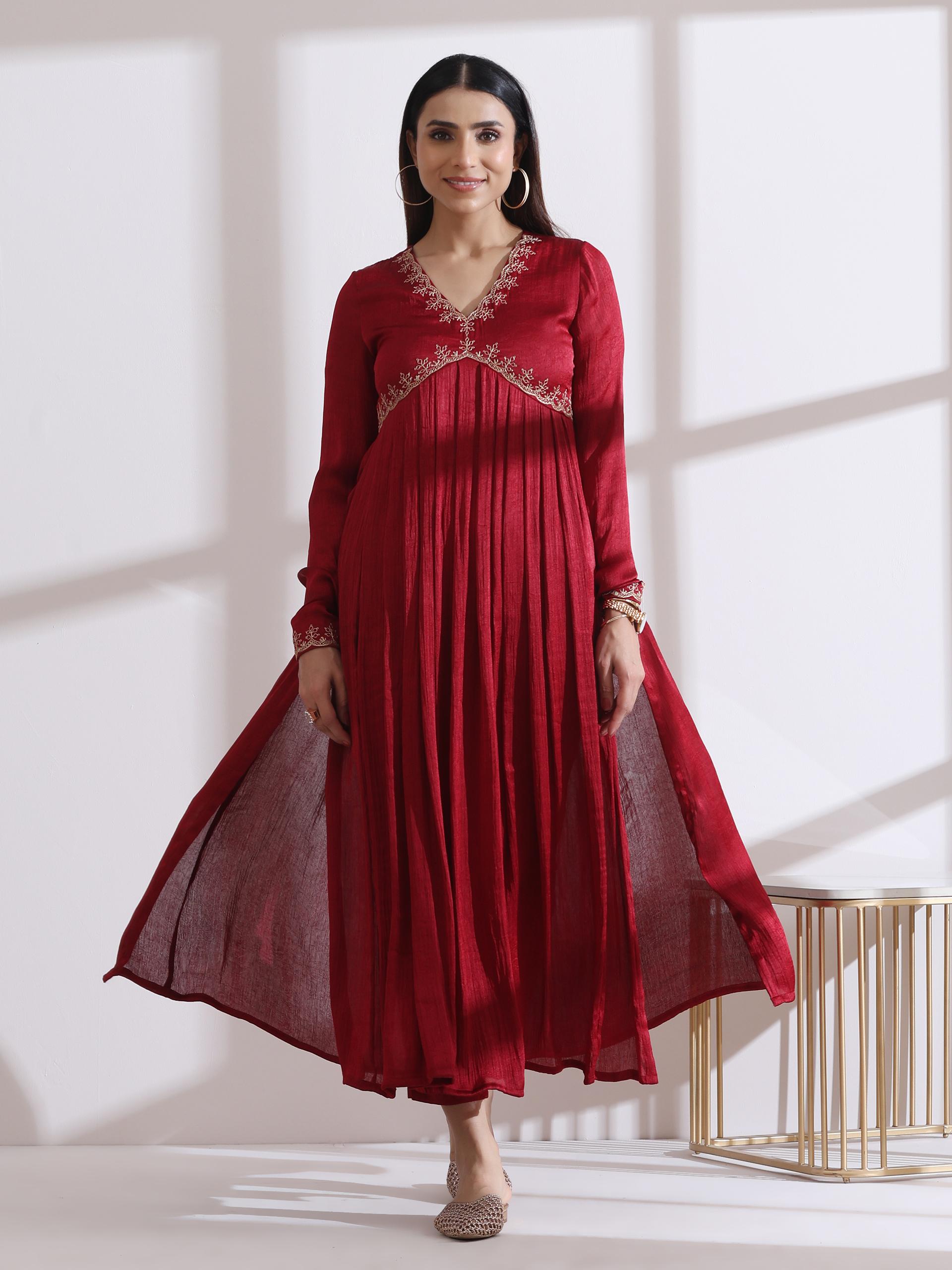 Women's Dual Shade Maroon Butter Chiffon Anarkali Kurta with Matching Pants and Embroidered Dupatta 3 Piece Set | Anarkali, V Neck, Full Sleeves, Festive Wear, (Butter Chiffon)