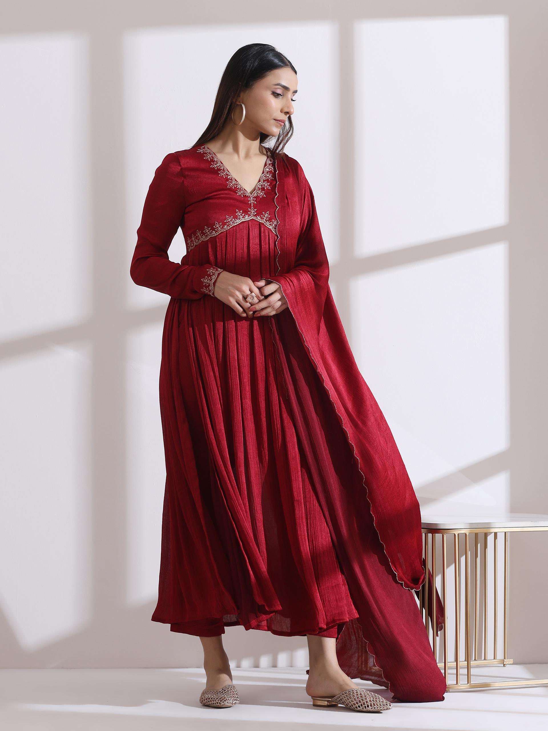 Women's Dual Shade Maroon Butter Chiffon Anarkali Kurta with Matching Pants and Embroidered Dupatta 3 Piece Set | Anarkali, V Neck, Full Sleeves, Festive Wear, (Butter Chiffon)