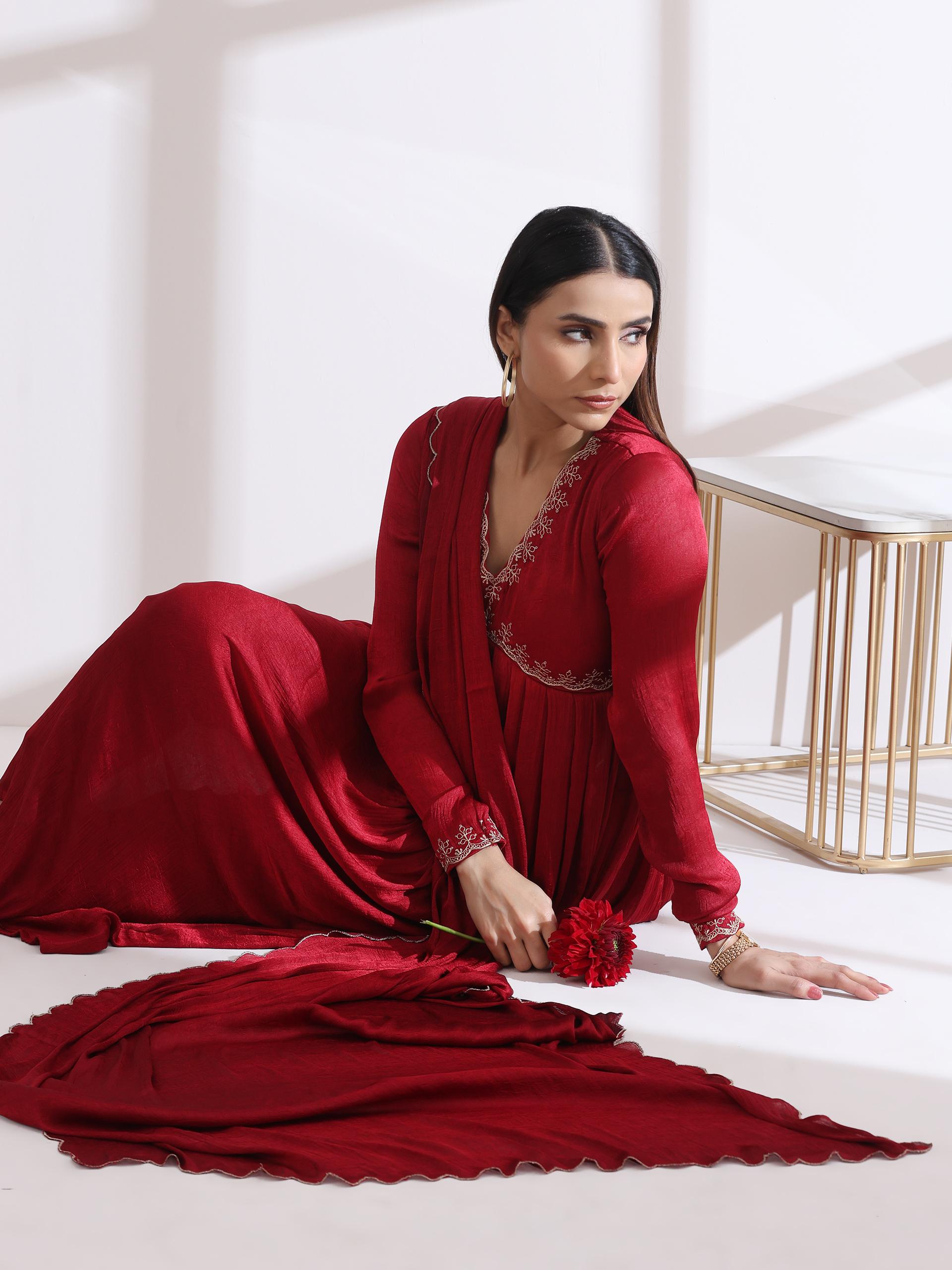Women's Dual Shade Maroon Butter Chiffon Anarkali Kurta with Matching Pants and Embroidered Dupatta 3 Piece Set | Anarkali, V Neck, Full Sleeves, Festive Wear, (Butter Chiffon)