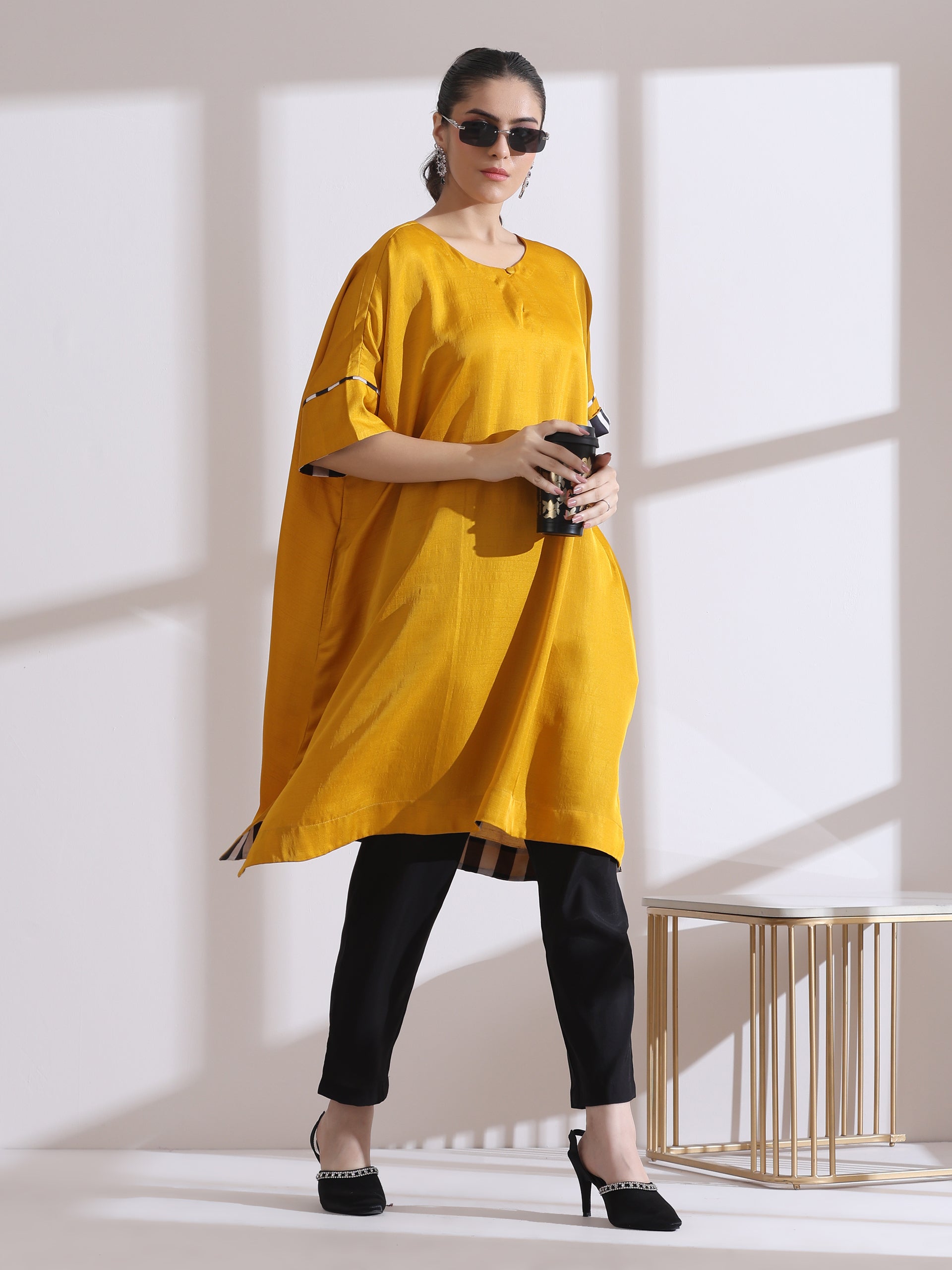 Women's Yellow Kurta with Chevron Inner Details and Black Pant Piece Set Straight Fit, Round Neck, 3/4 Sleeves, Workwear, (Lux Fabric)