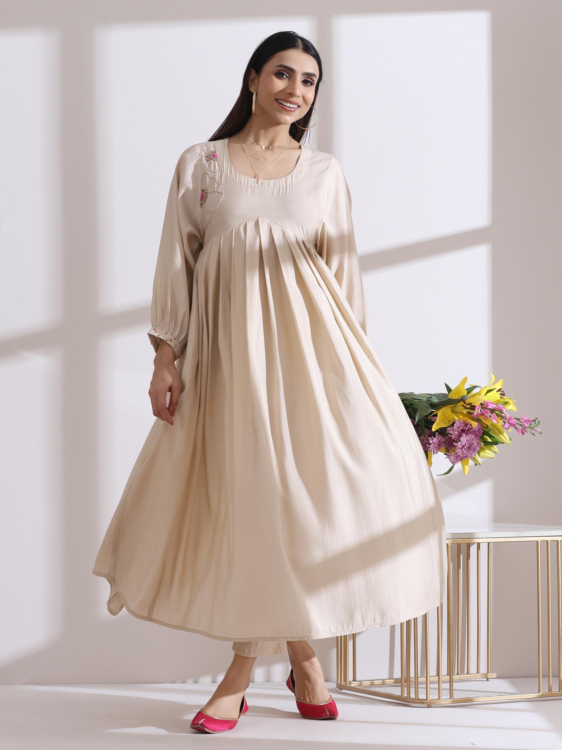 Women's Fawn Handmade Flower Anarkali Kurta with Pants 2 Piece Set | Anarkali, Round Neck, 3/4 Sleeves, Workwear, Casual Wear, (AirSkin Cotton Silk Blend)