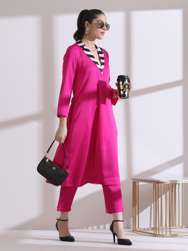 Women's Fuchsia Kurta with Striped Collar and Pants 2 Piece Set | Straight Fit, V Neck, 3/4 Sleeves, Workwear, (Lux Fabric)