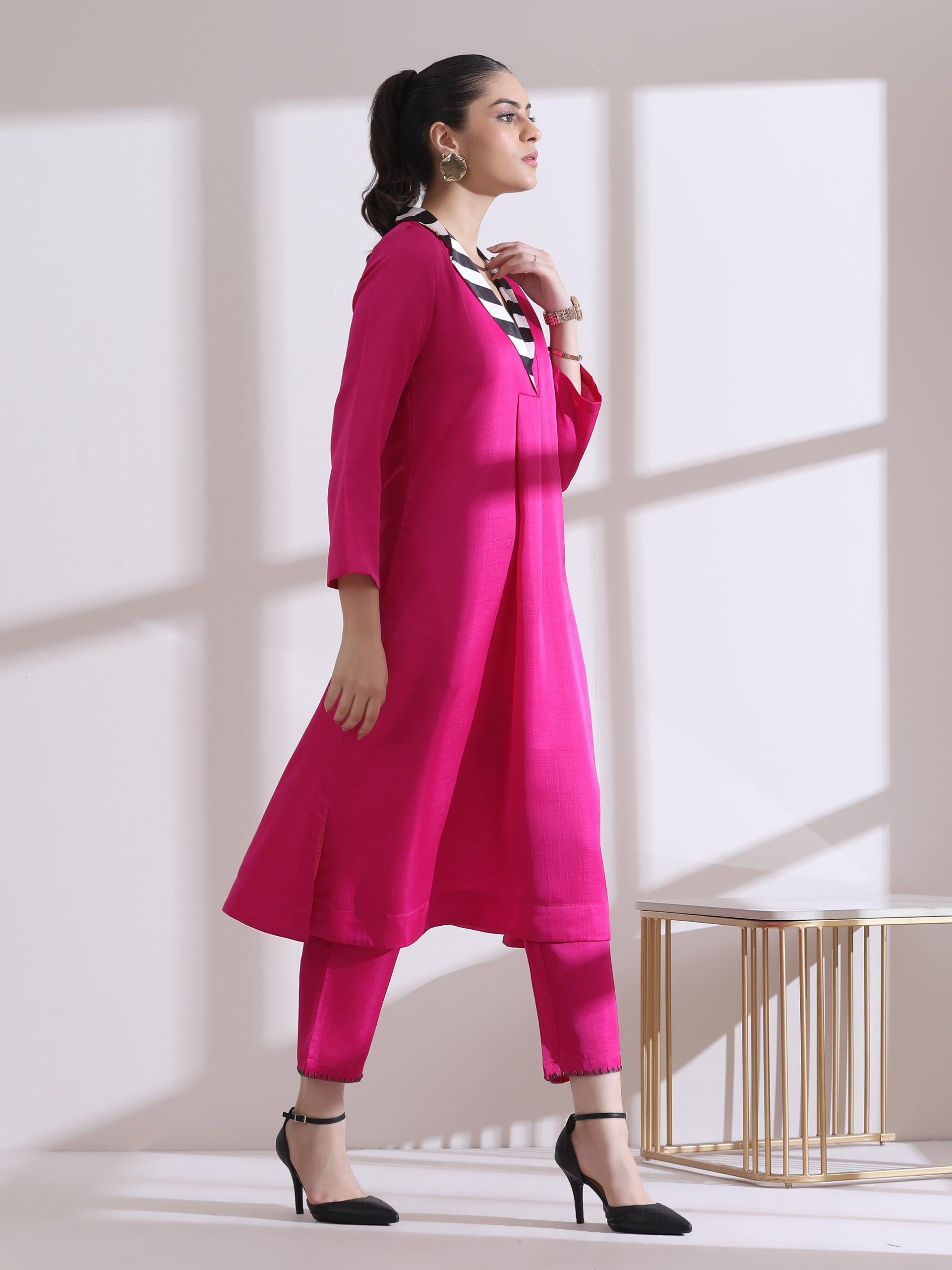 Women's Fuchsia Kurta with Striped Collar 1 Piece | Straight Fit, V Neck, 3/4 Sleeves, Work Wear, (PRF'T Lux Duchess Satin Texture)