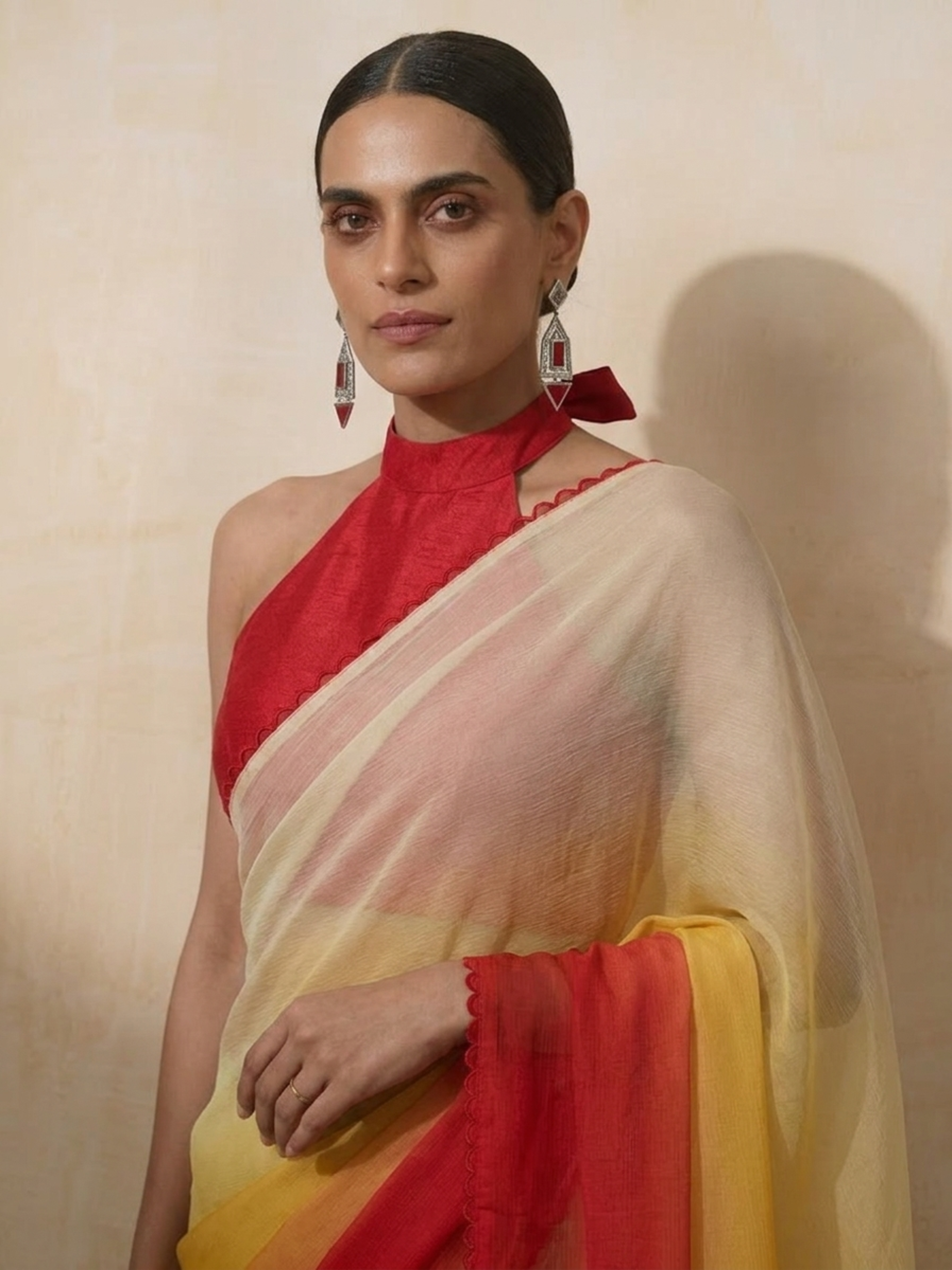Yellow Red Cream Ombre Chiffon Saree with Self Fabric Blouse