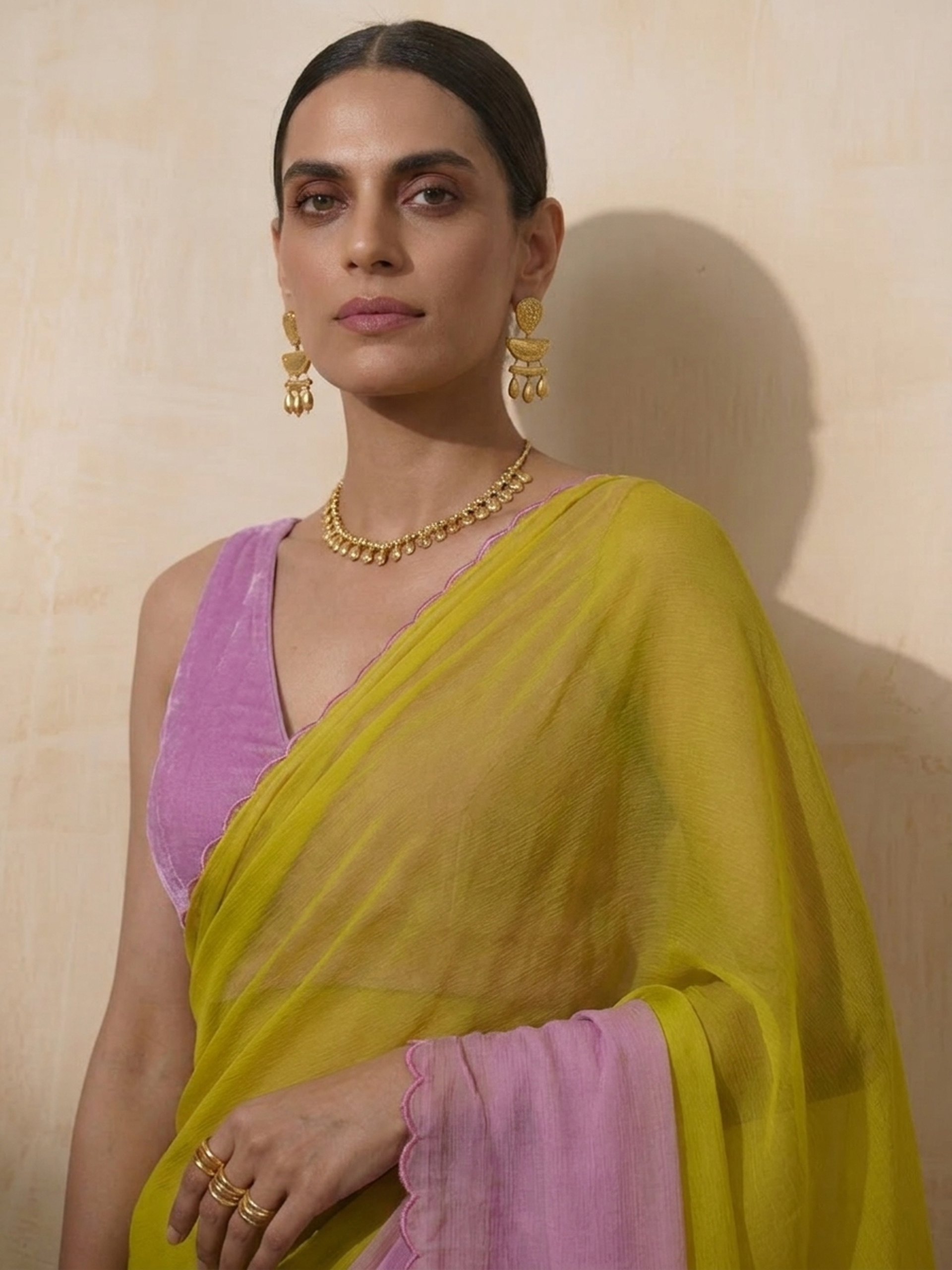Lilac and Green Ombre Chiffon Saree with Self Fabric Blouse
