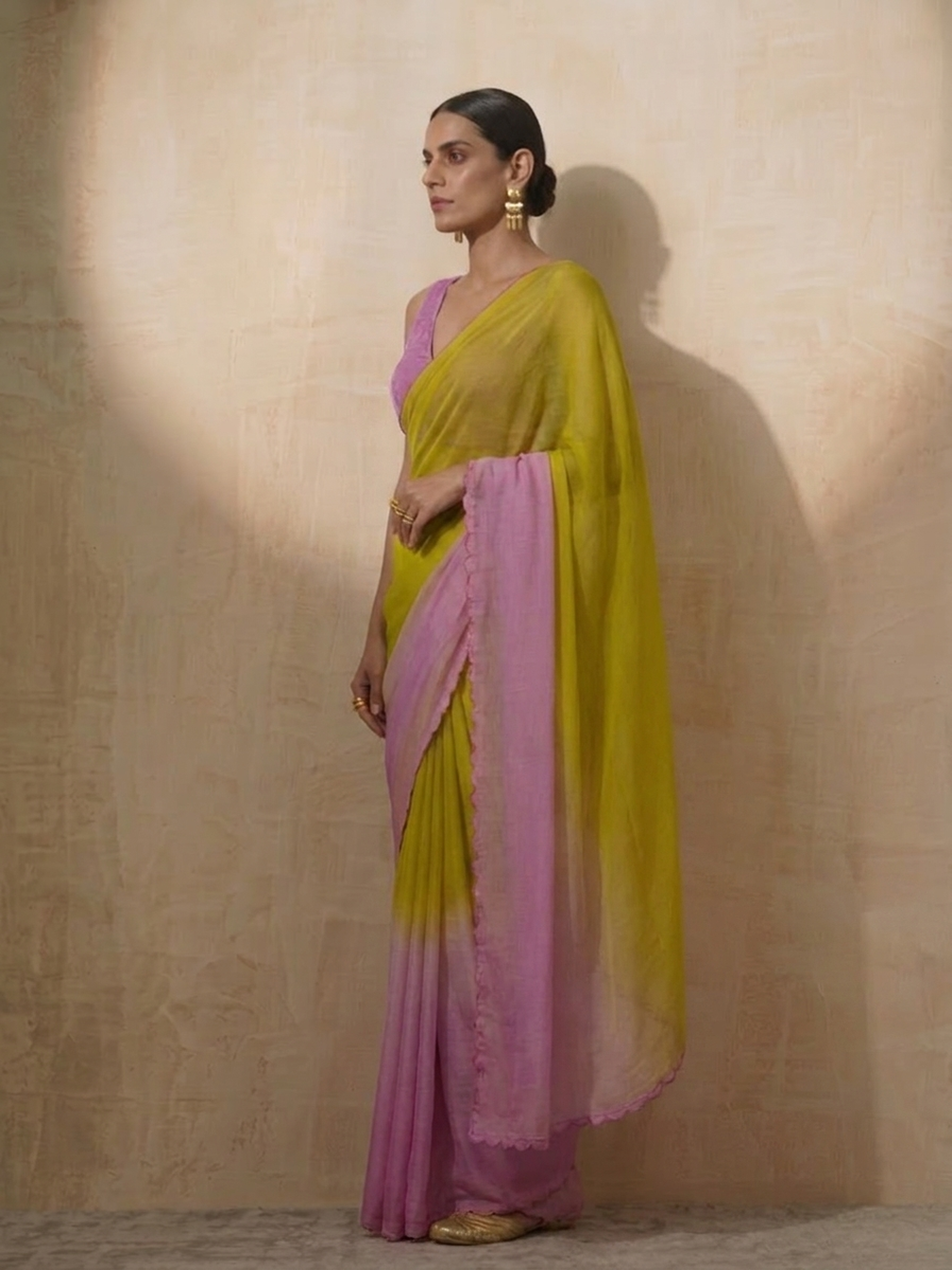 Lilac and Green Ombre Chiffon Saree with Self Fabric Blouse