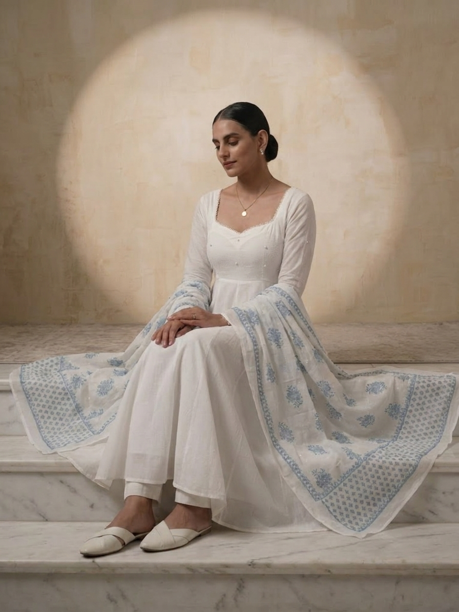 3 Pc Set - White Cotton Anarkali with Pearls and Blue White Handblock Printed Dupatta