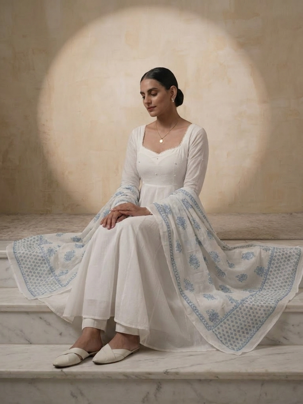 3 Pc Set - White Cotton Anarkali with Pearls and Blue White Handblock Printed Dupatta