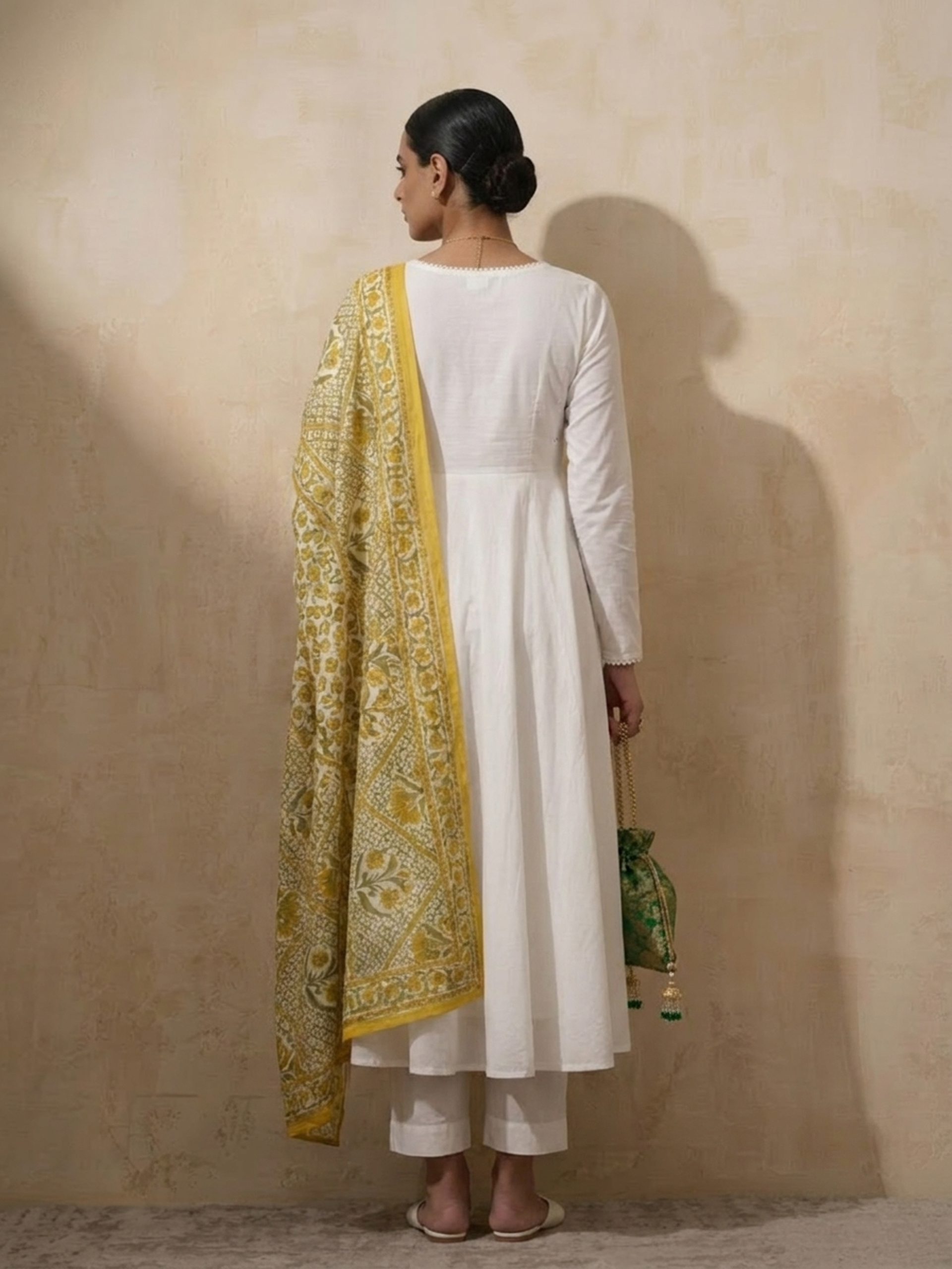 3 Pc Set - White Cotton Anarkali with Pearls and Yellow Printed Dupatta