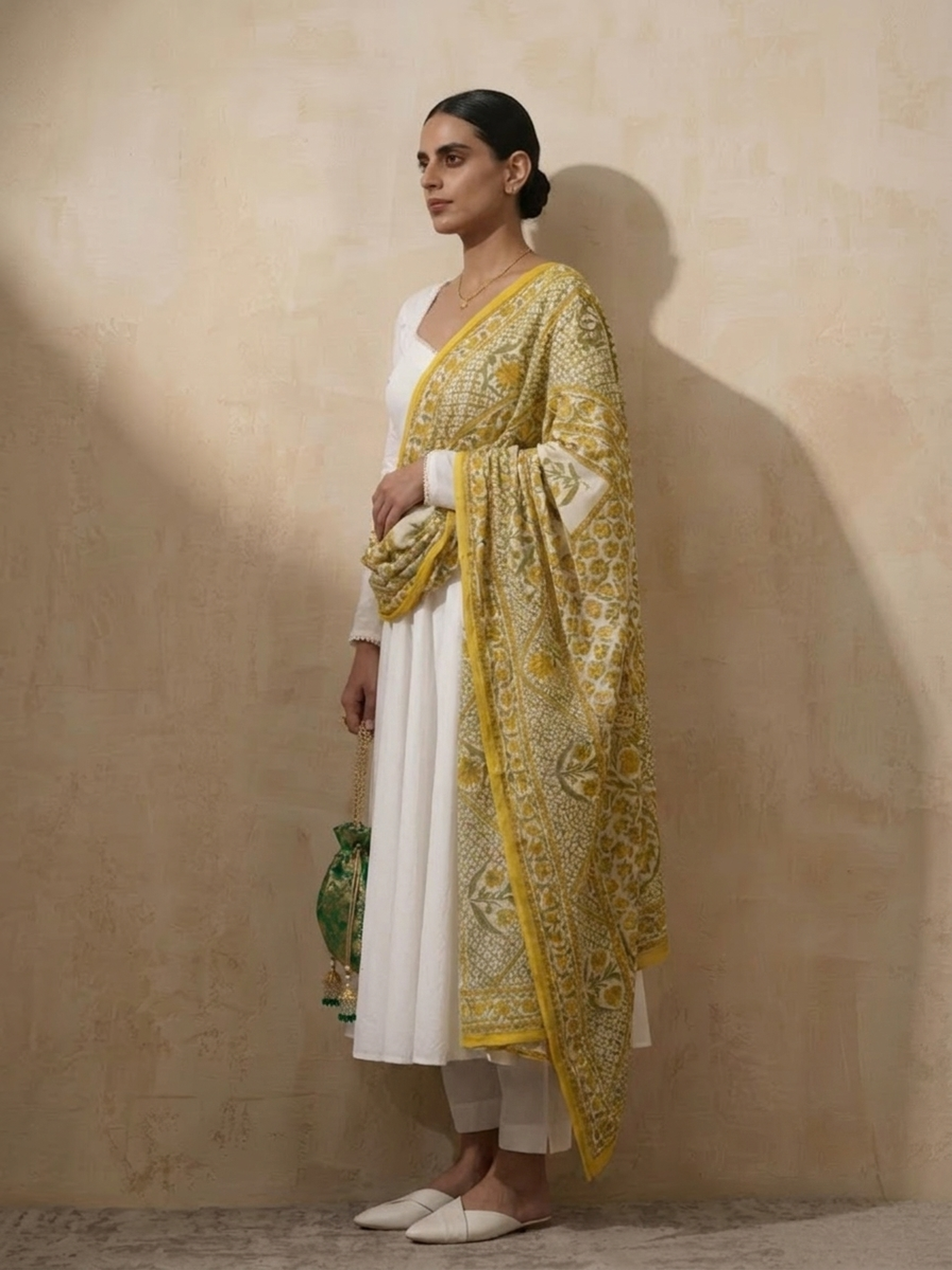 3 Pc Set - White Cotton Anarkali with Pearls and Yellow Printed Dupatta