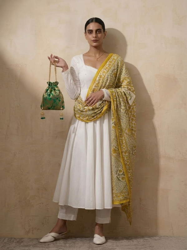 3 Pc Set - White Cotton Anarkali with Pearls and Yellow Printed Dupatta