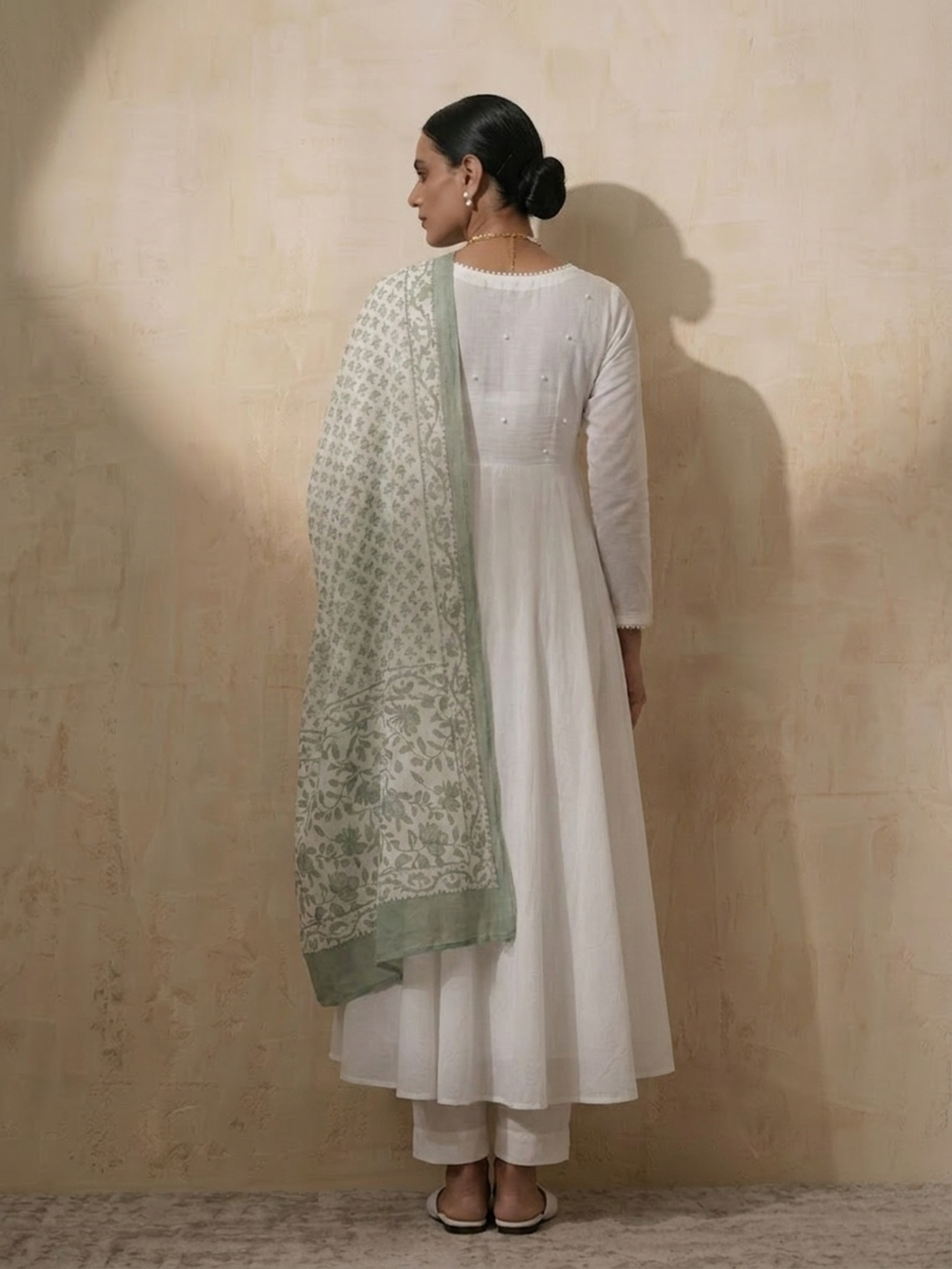 3 Pc Set - White Cotton Anarkali with Pearls and Green Handblock Printed Dupatta