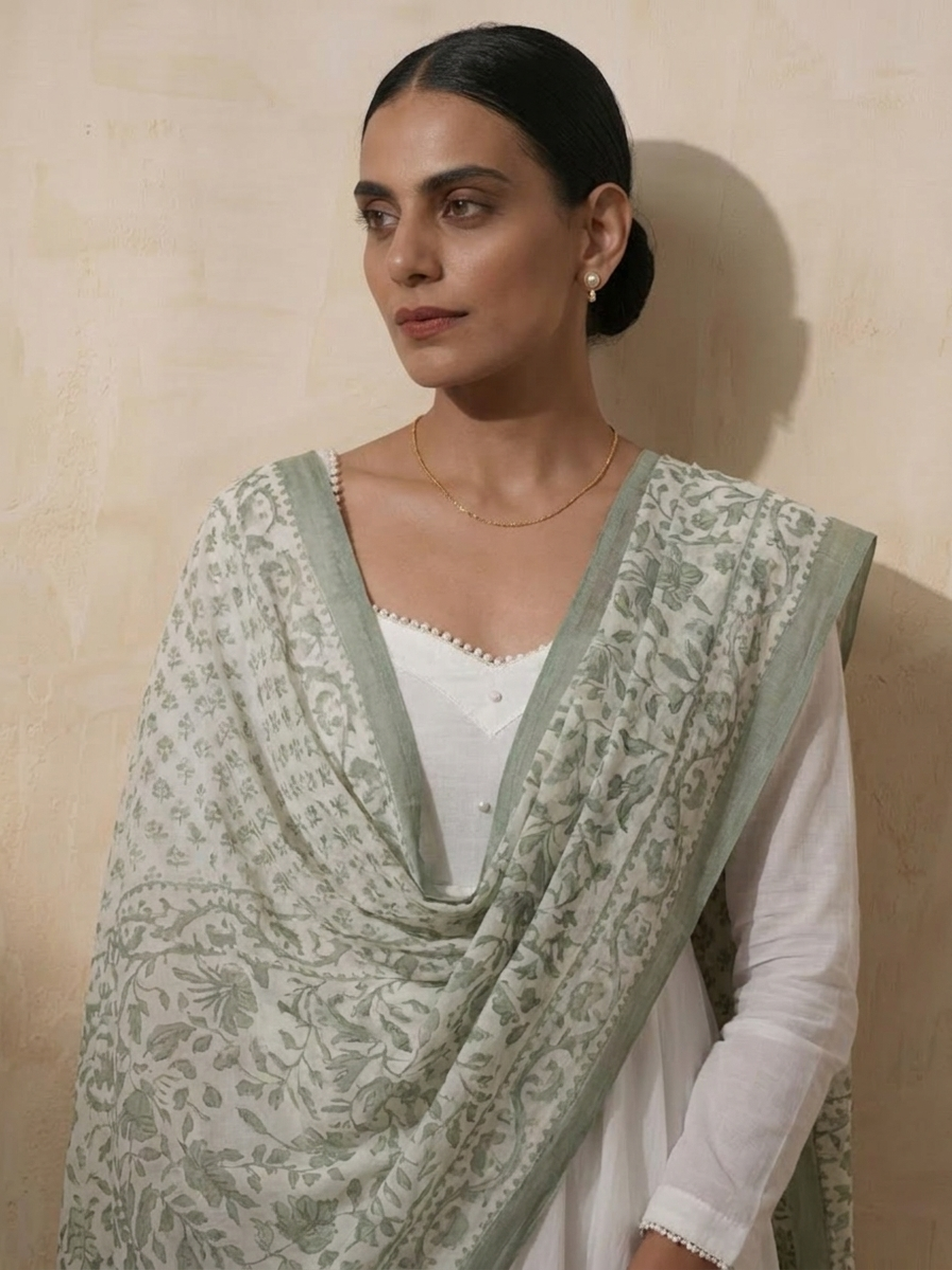 3 Pc Set - White Cotton Anarkali with Pearls and Green Handblock Printed Dupatta