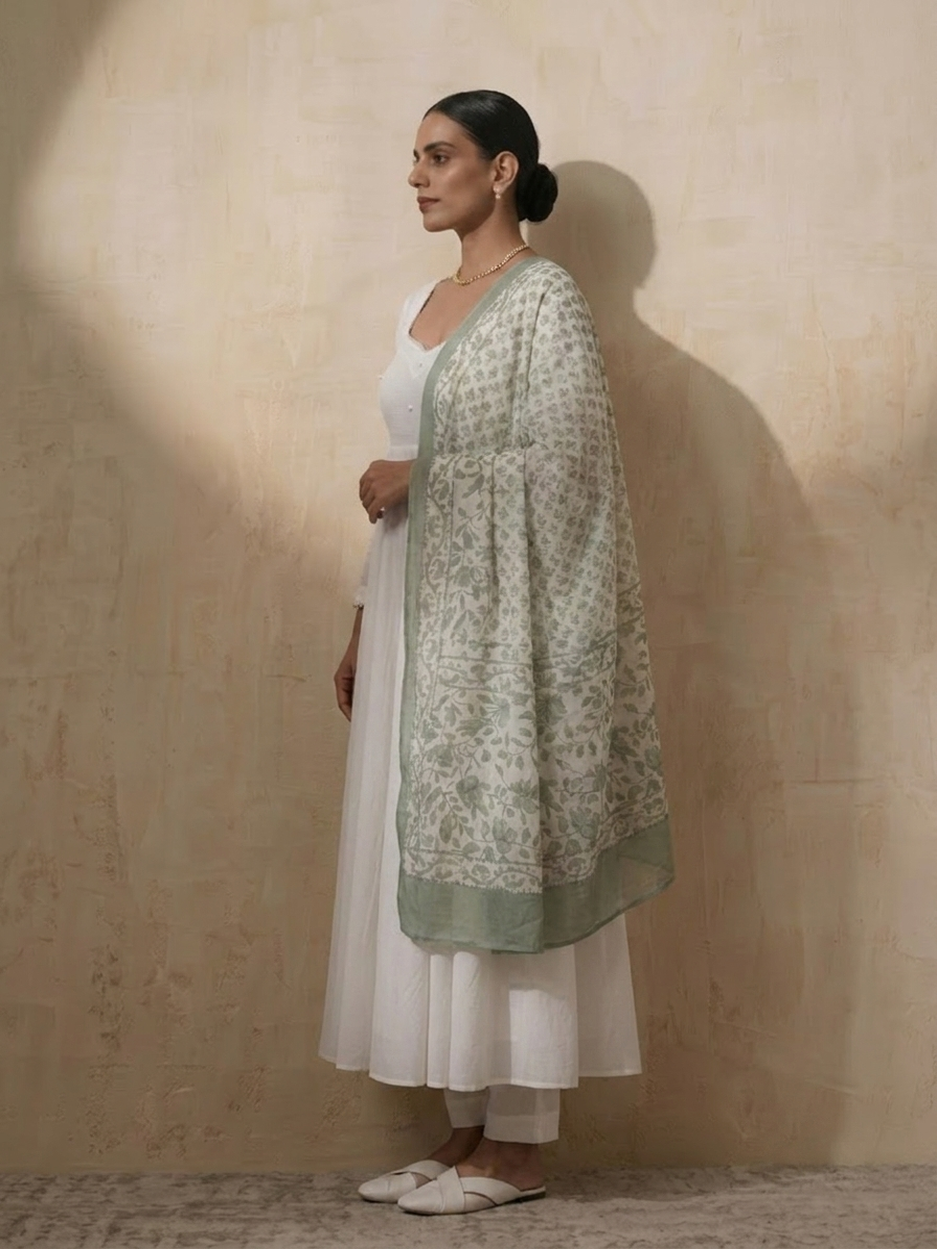 3 Pc Set - White Cotton Anarkali with Pearls and Green Handblock Printed Dupatta