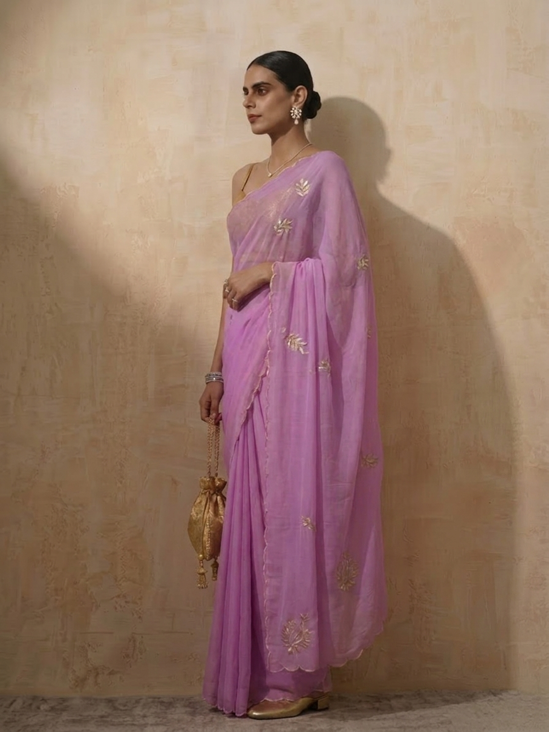 Lilac chiffon saree with scallop and hand beading with self fabric blouse — view 3