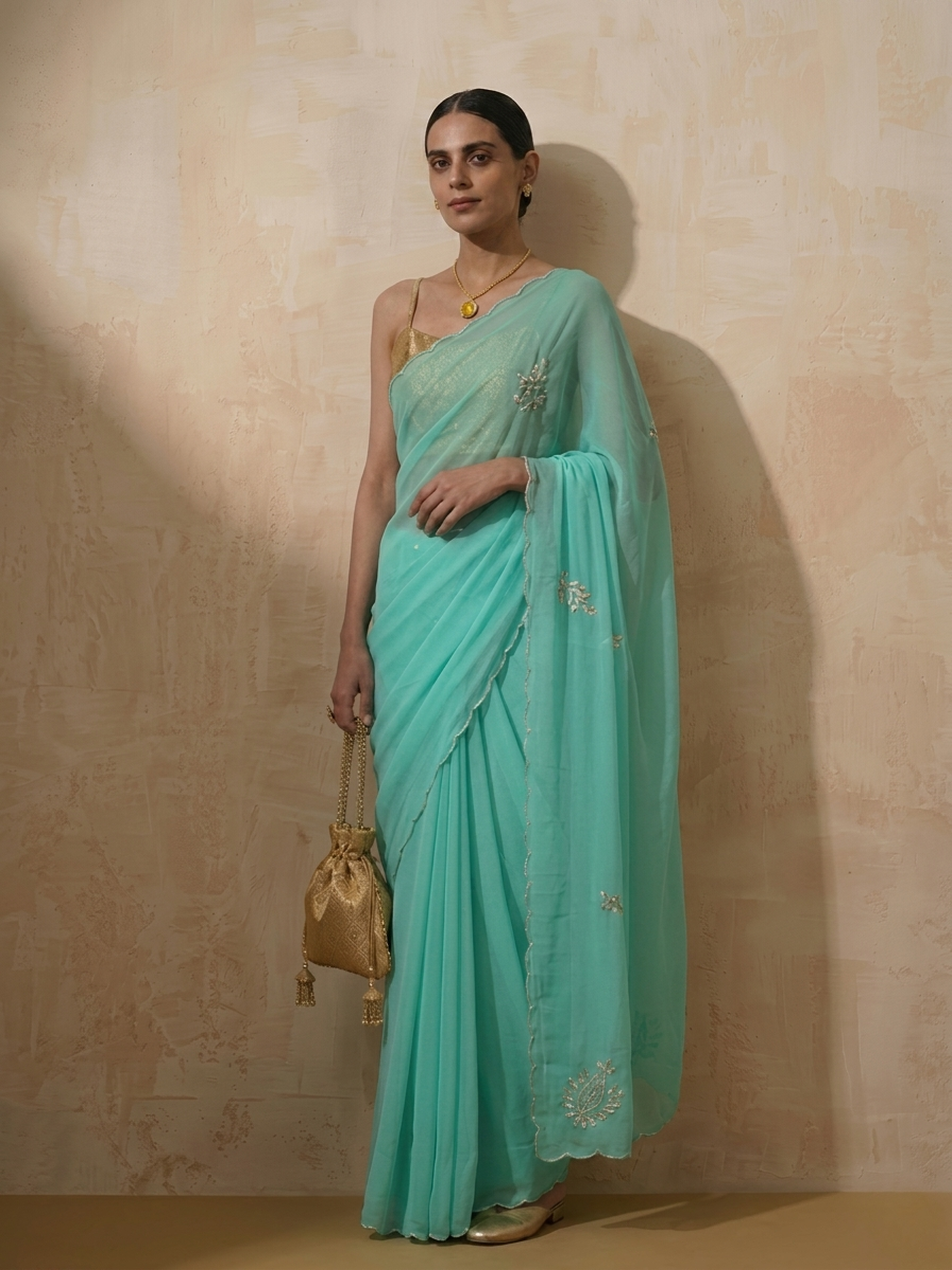 Cyan Blue Chiffon Saree with Scallop and Hand Beading with Self Fabric Blouse