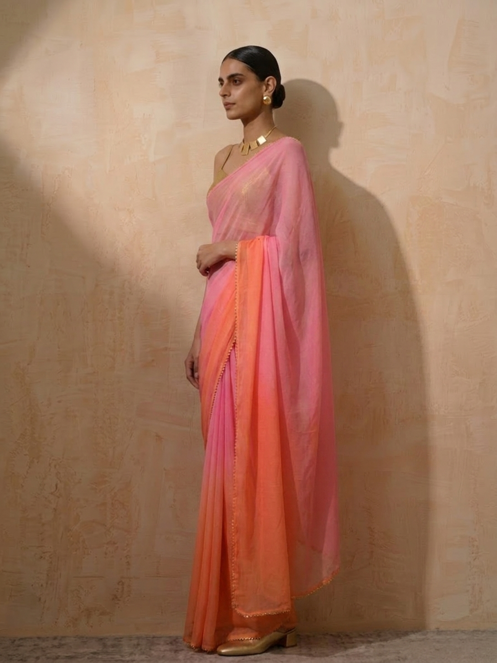 Pink and Coral Ombre Chiffon Saree with Self Fabric Blouse