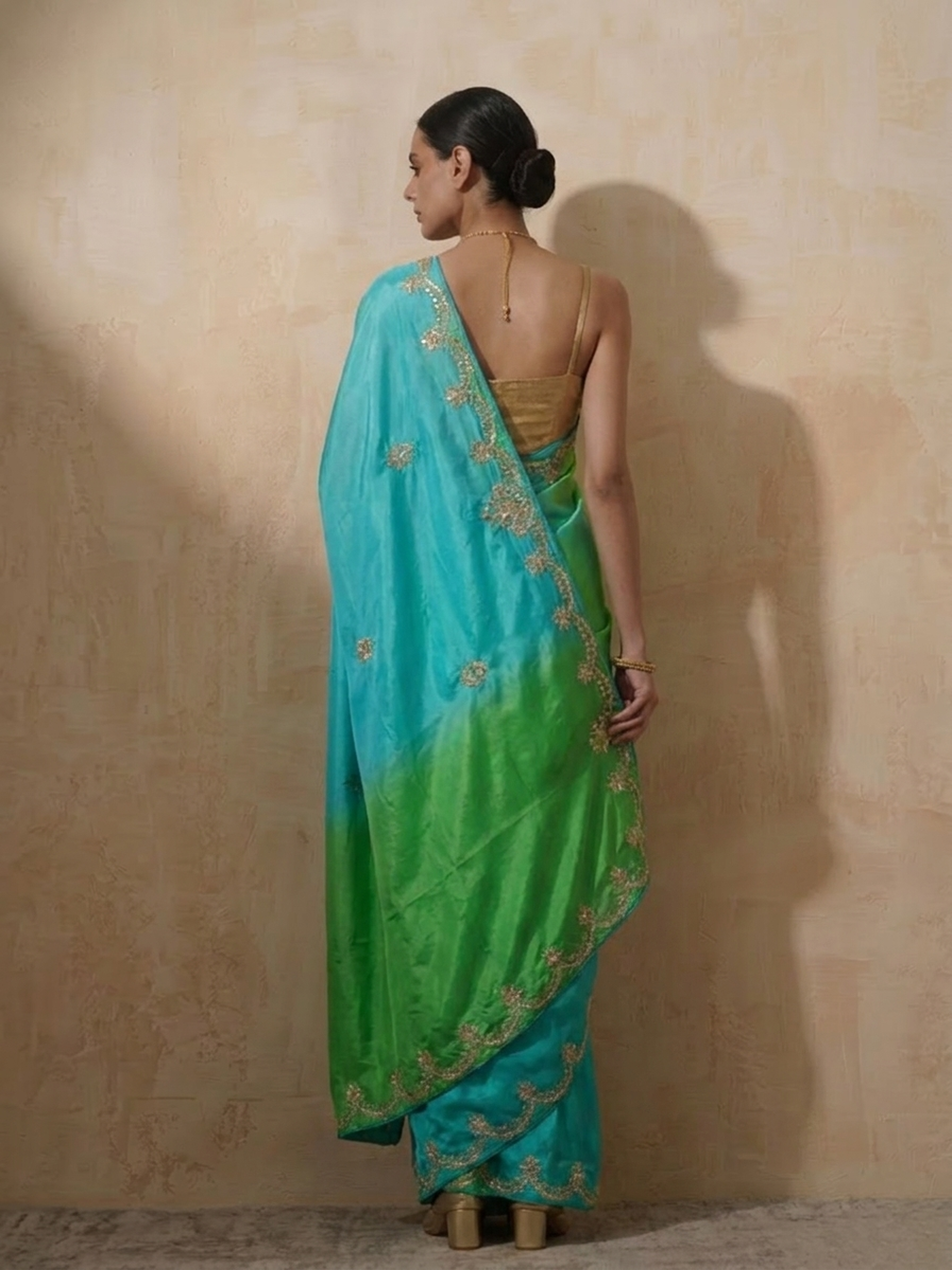 Green Blue Gajji Silk Ombre Saree with Handwork with Self Fabric Blouse