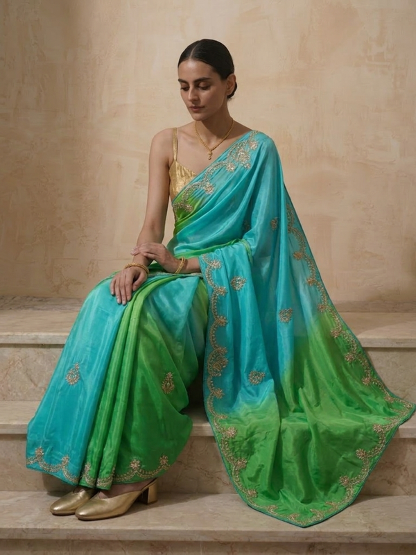 Green Blue Gajji Silk Ombre Saree with Handwork with Self Fabric Blouse