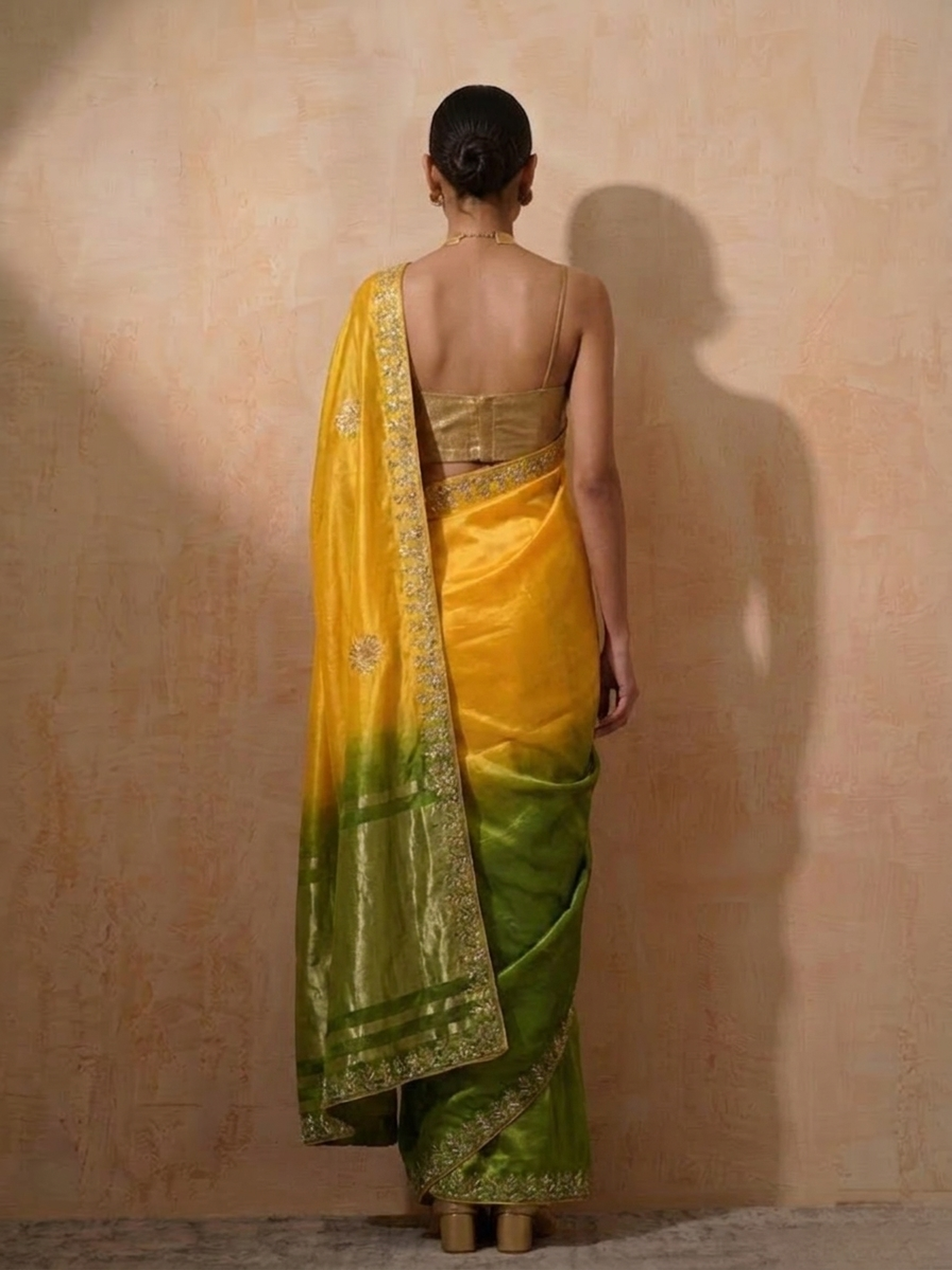 Green Yellow Gajji Silk Ombre Saree with Handwork with Self Blouse Fabric