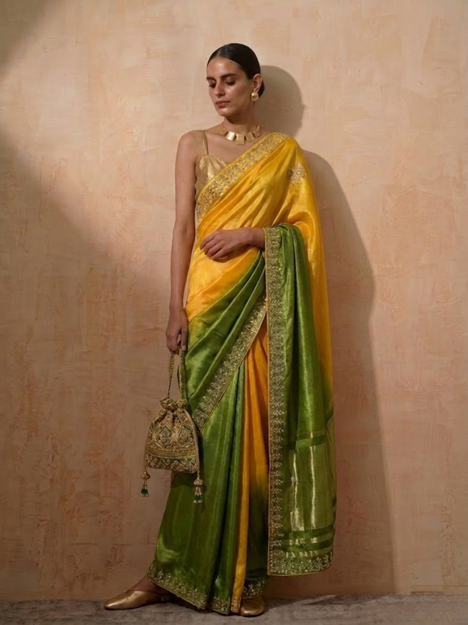 Green Yellow Gajji Silk Ombre Saree with Handwork with Self Blouse Fabric